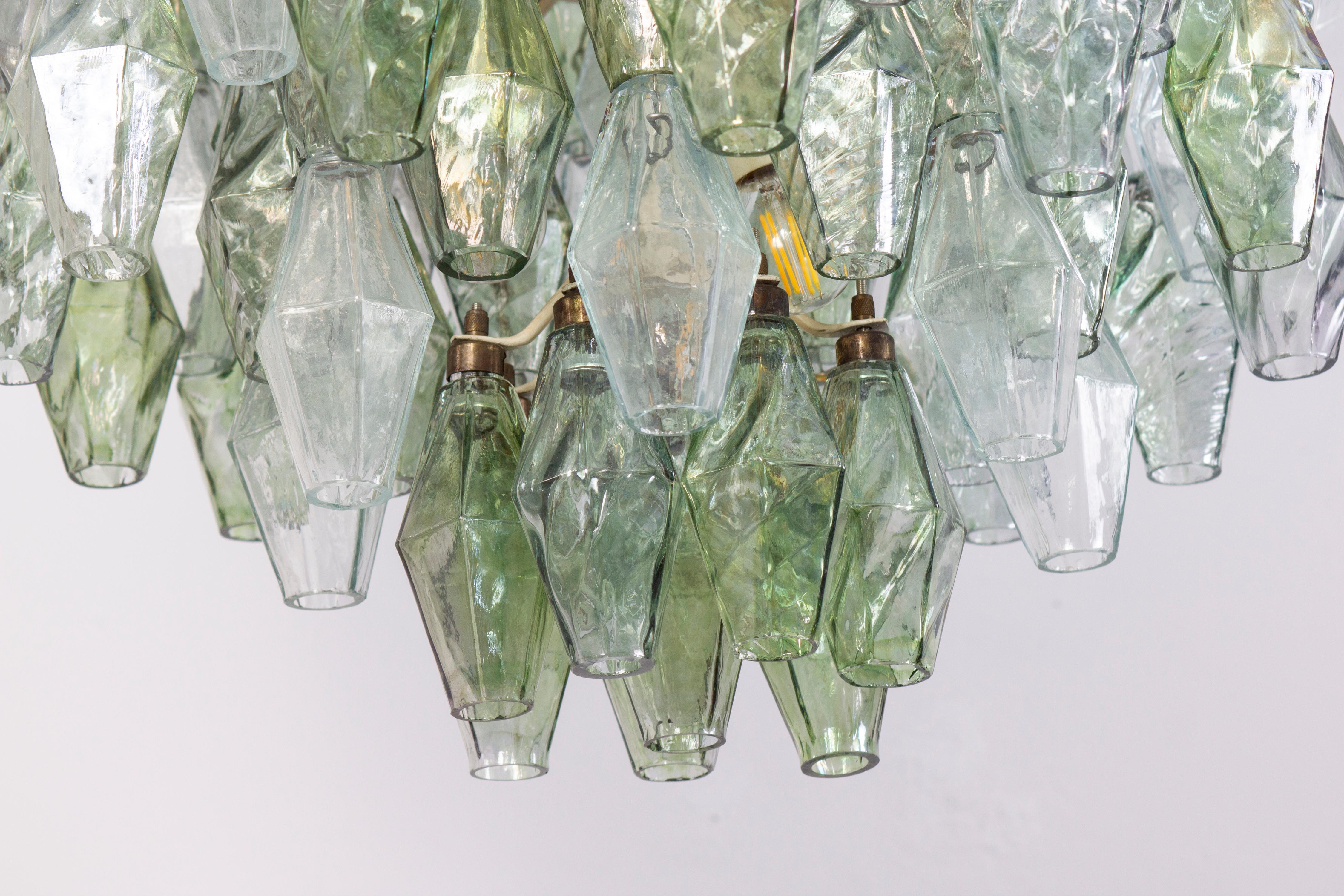 Blown Glass  Striking Mid-Century Green and Clear Poliedri Chandelier, 1960 For Sale