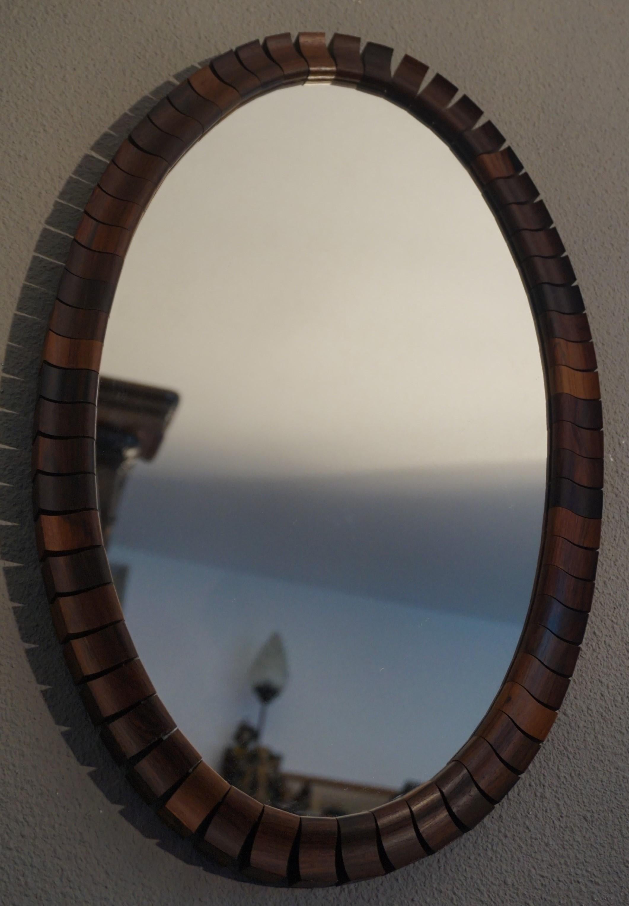 Striking Mid-Century Modern Oval Mirror in Handcrafted Geometrical Wooden Frame For Sale 4