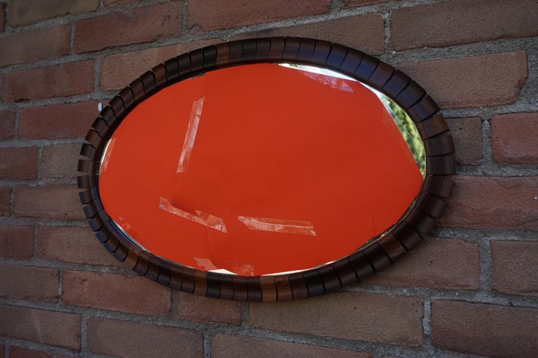 Striking MidCentury Modern Oval Mirror in Handcrafted Geometrical Wooden Frame For Sale at
