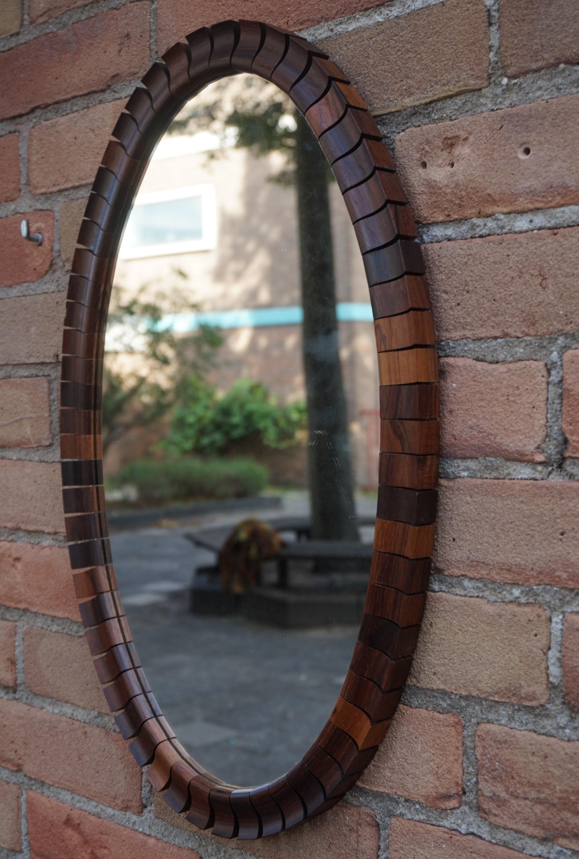European Striking Mid-Century Modern Oval Mirror in Handcrafted Geometrical Wooden Frame For Sale