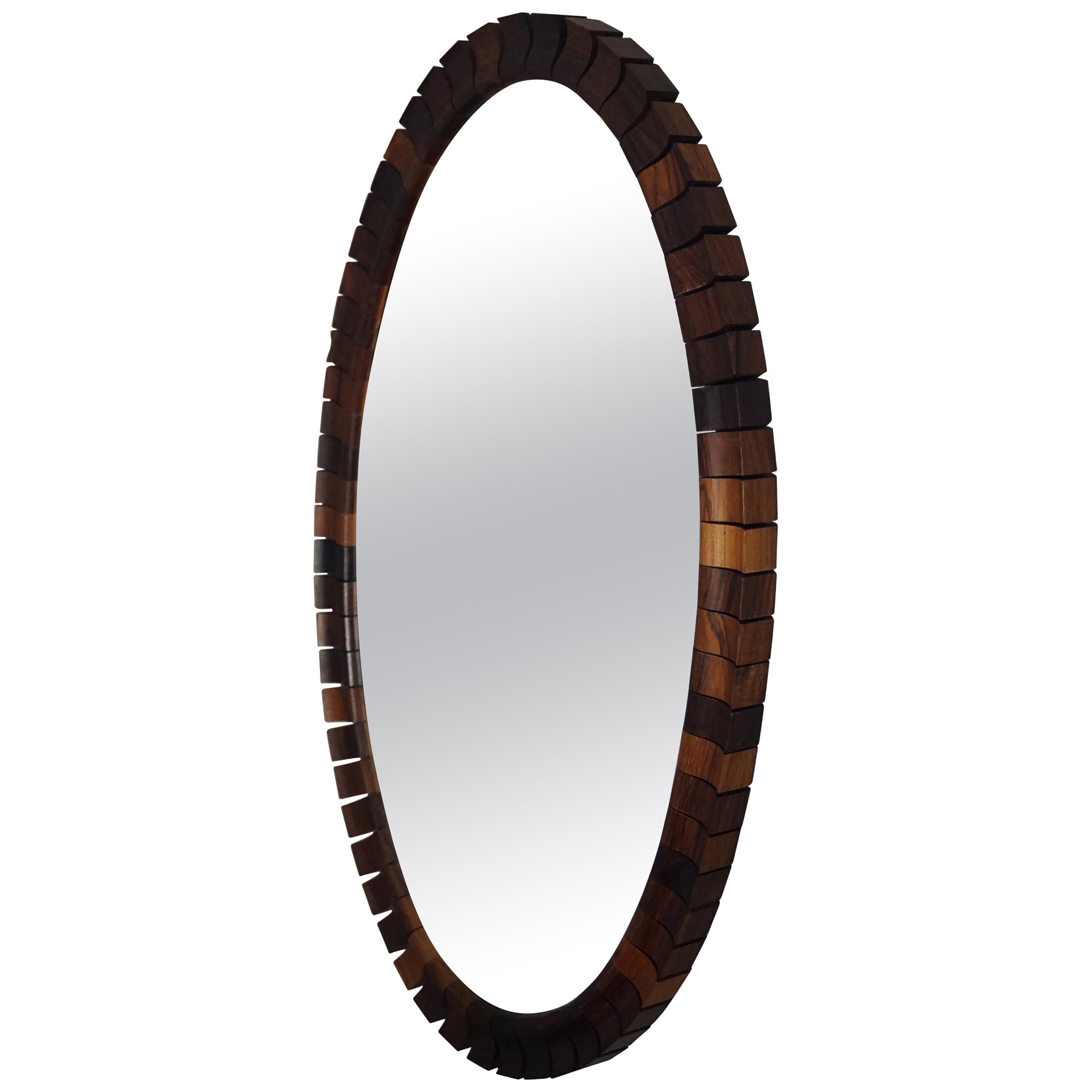 Striking Mid-Century Modern Oval Mirror in Handcrafted Geometrical Wooden Frame