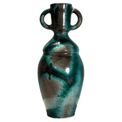 Vaso di Studio Pottery a due manici, di grande effetto, della metà del secolo scorso, con smaltatura a goccia