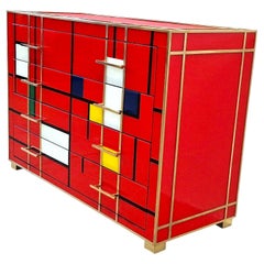 Striking Mid-Century Style Brass and Red Multicolored Murano Glass Commode, 2020
