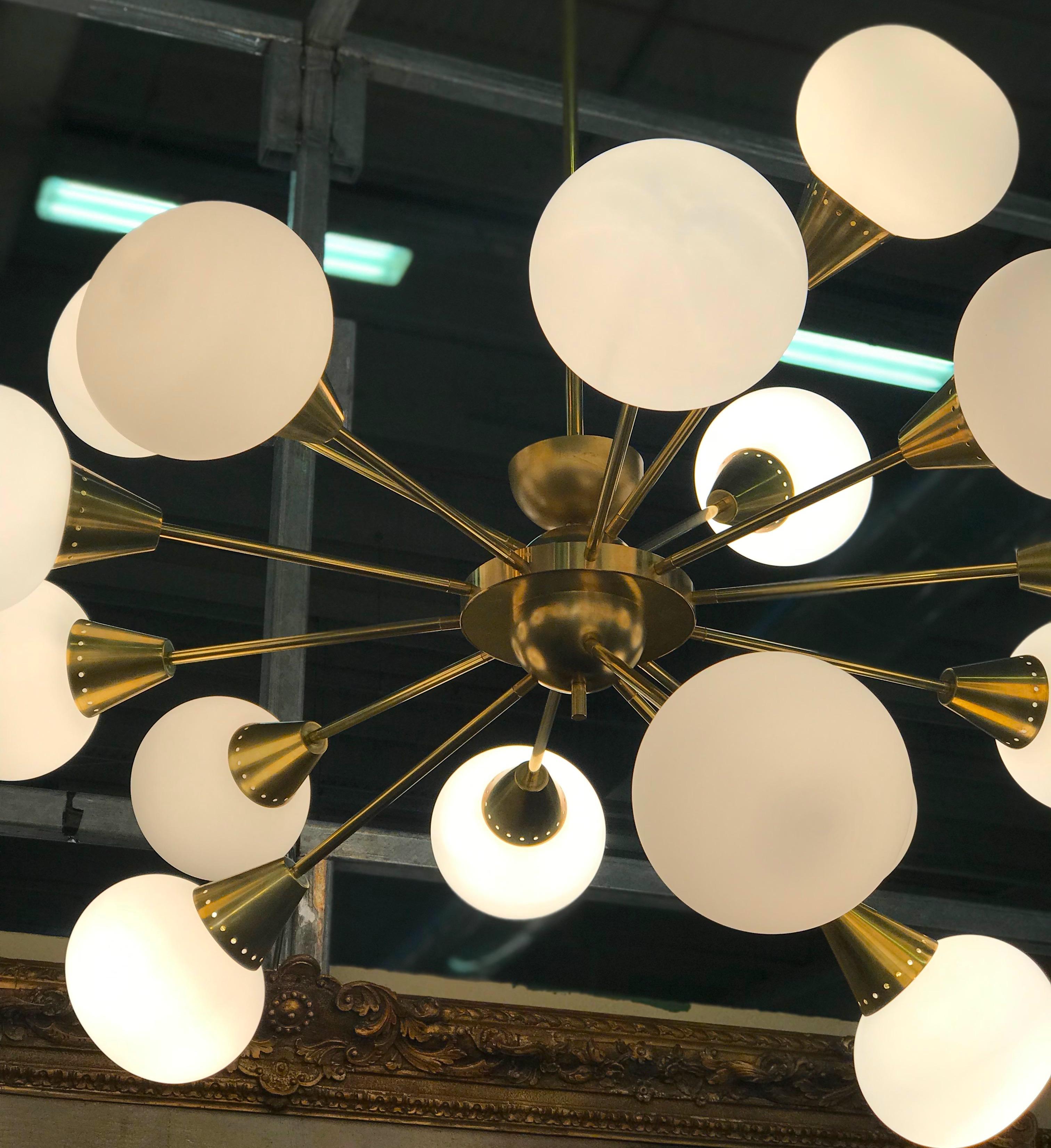 Striking Midcentury Brass and Opaline Murano Glass Large Sputnik Chandelier For Sale 2