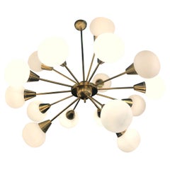 Striking Midcentury Brass and Opaline Murano Glass Large Sputnik Chandelier
