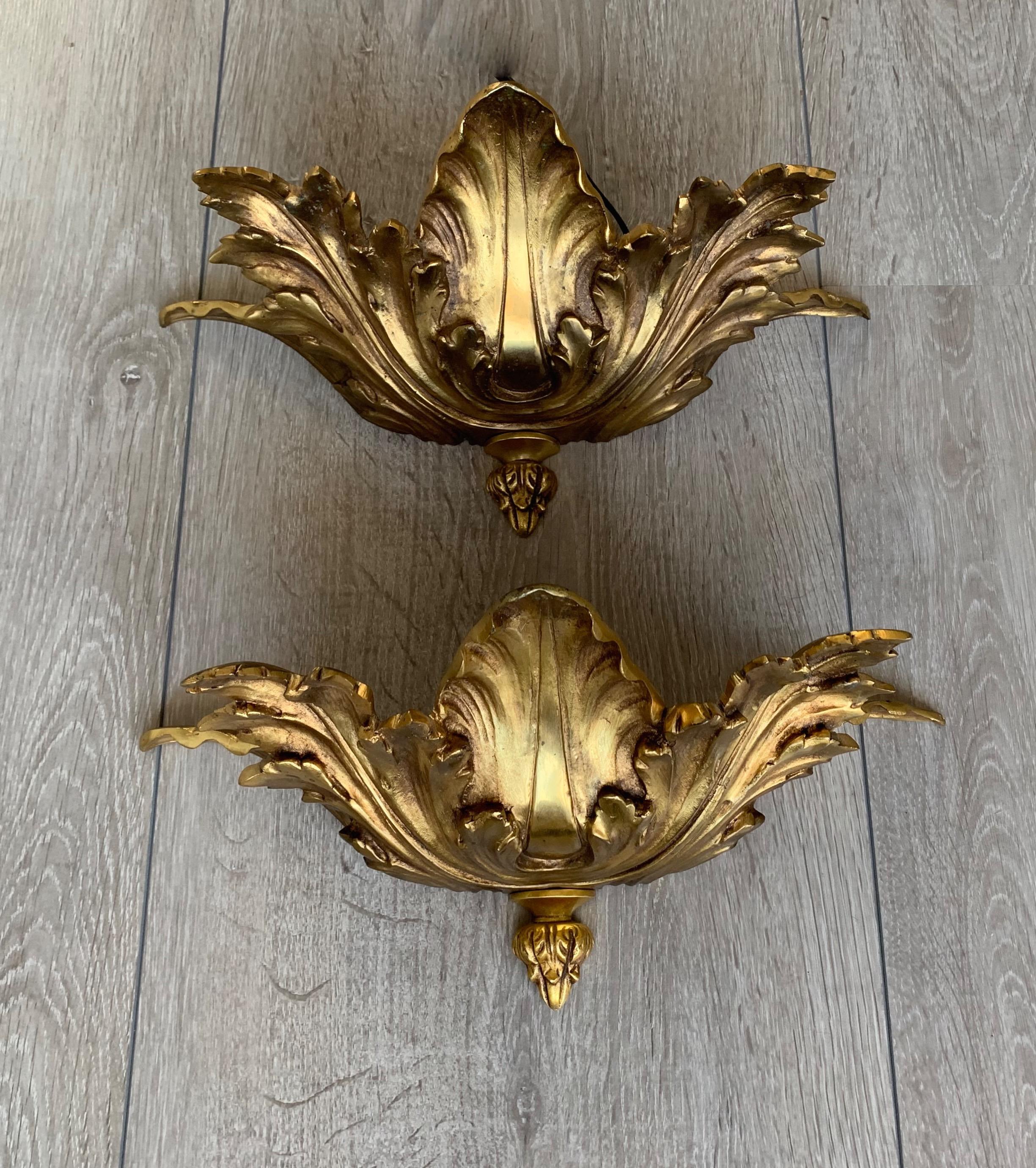 Striking Pair of Hollywood Regency GILT Bronze Acanthus Leaf Wall Sconces 9