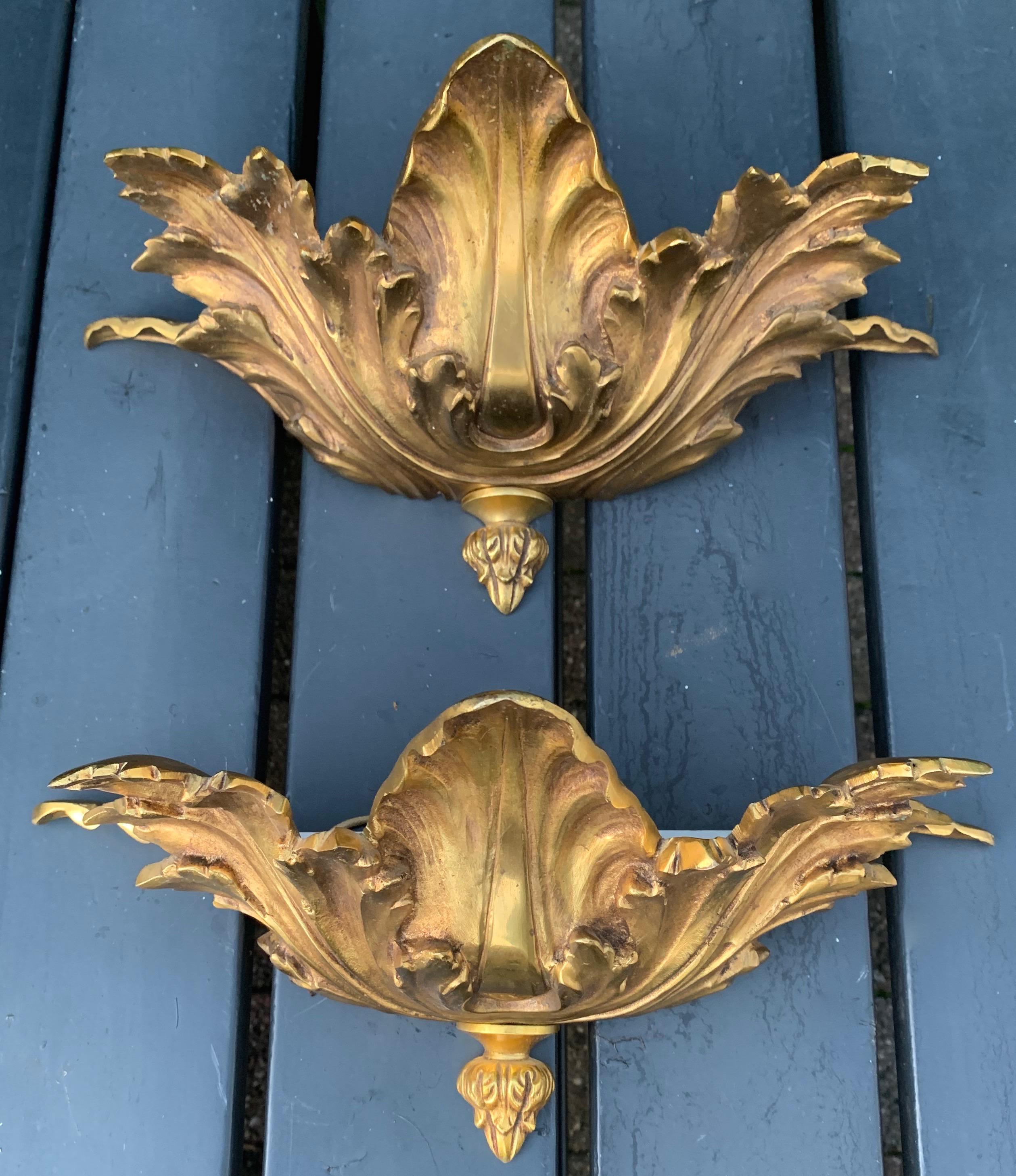 French Striking Pair of Hollywood Regency GILT Bronze Acanthus Leaf Wall Sconces