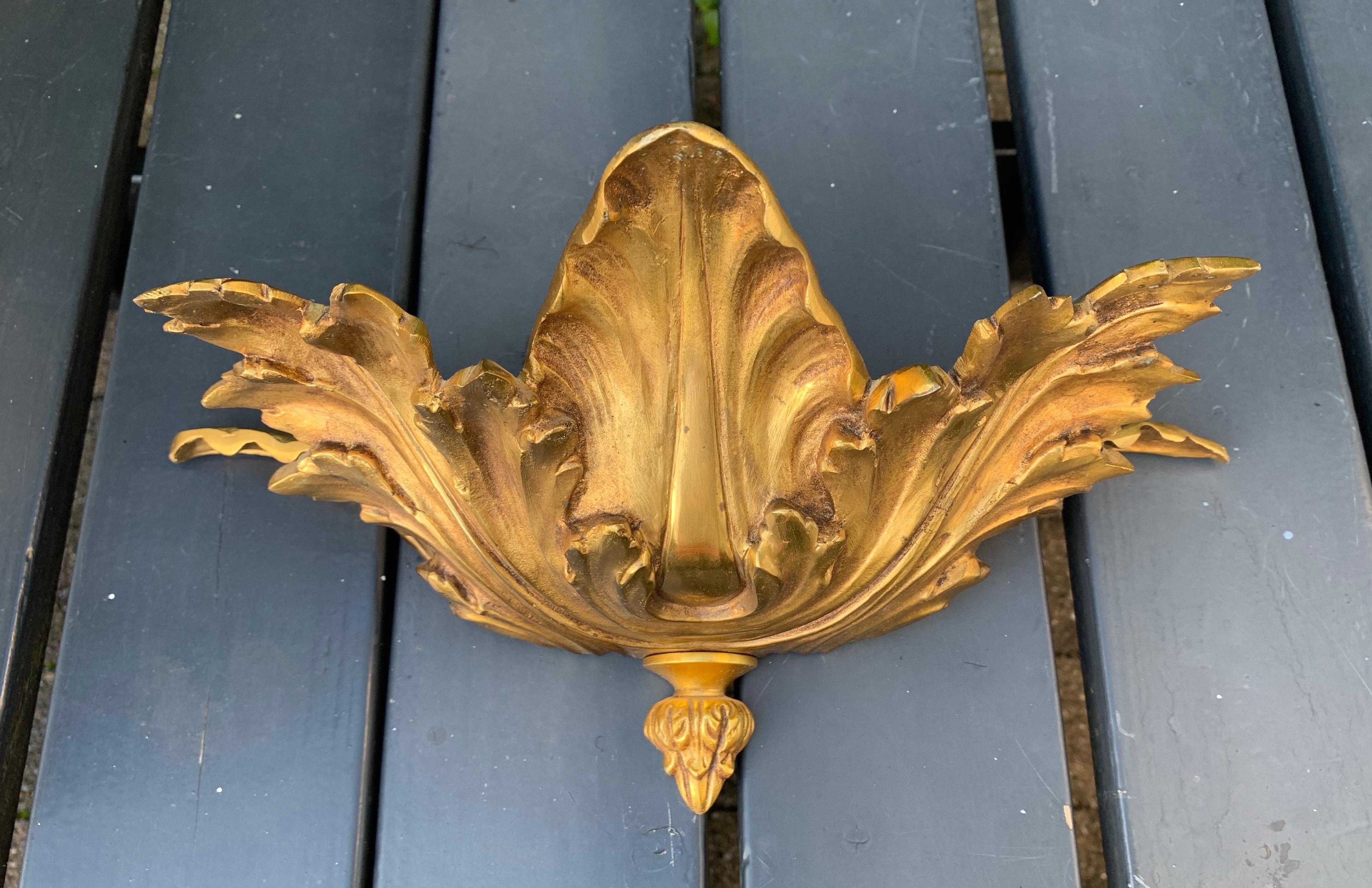 Hand-Crafted Striking Pair of Hollywood Regency GILT Bronze Acanthus Leaf Wall Sconces