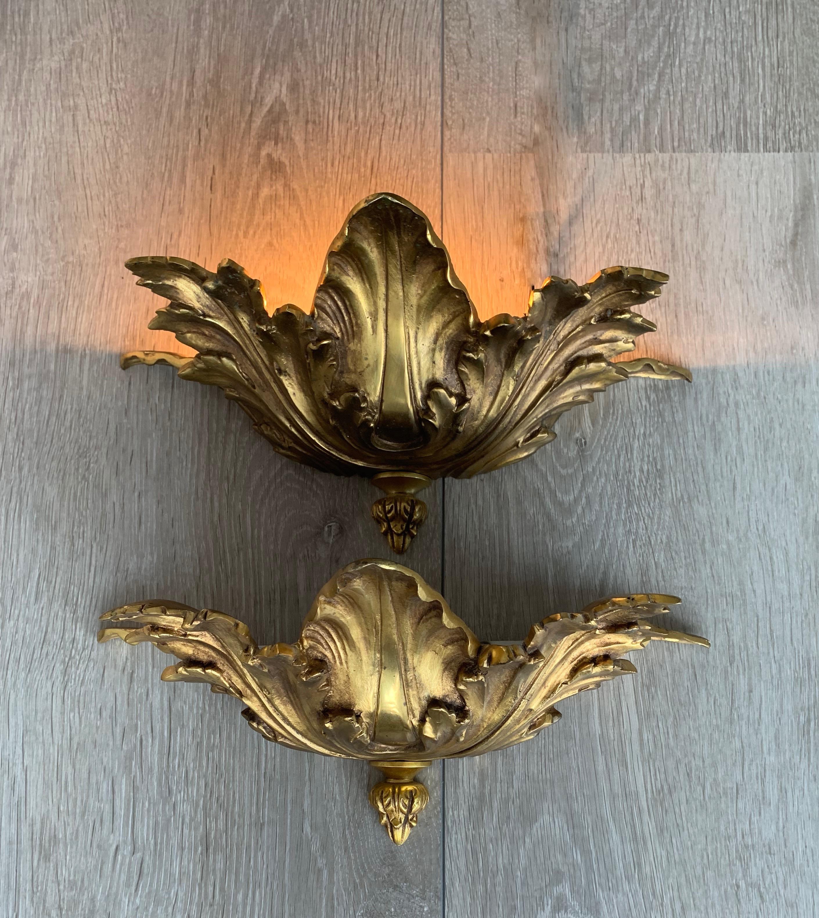 20th Century Striking Pair of Hollywood Regency GILT Bronze Acanthus Leaf Wall Sconces