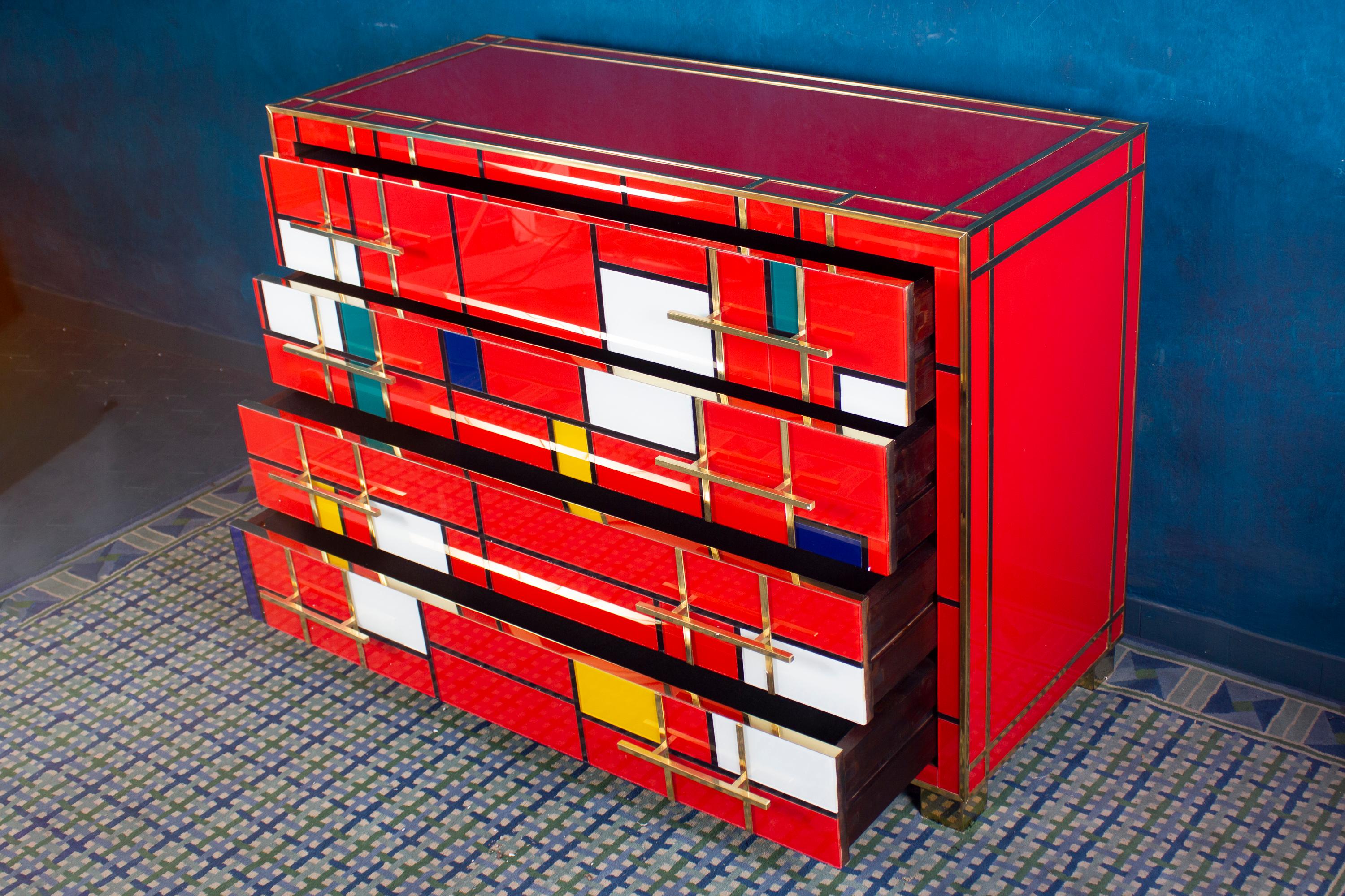 Striking Mid-Century Style Brass and Red Multicolored Murano Glass Commode, 2020 For Sale 1