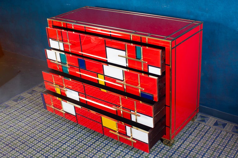 Striking Mid-Century Style Brass and Red Multicolored Murano Glass ...