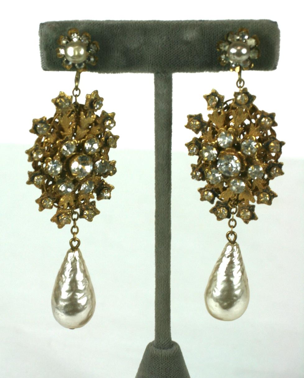 Belle Époque Striking Miriam Haskell Pearl and Gilt Long Earrings For Sale