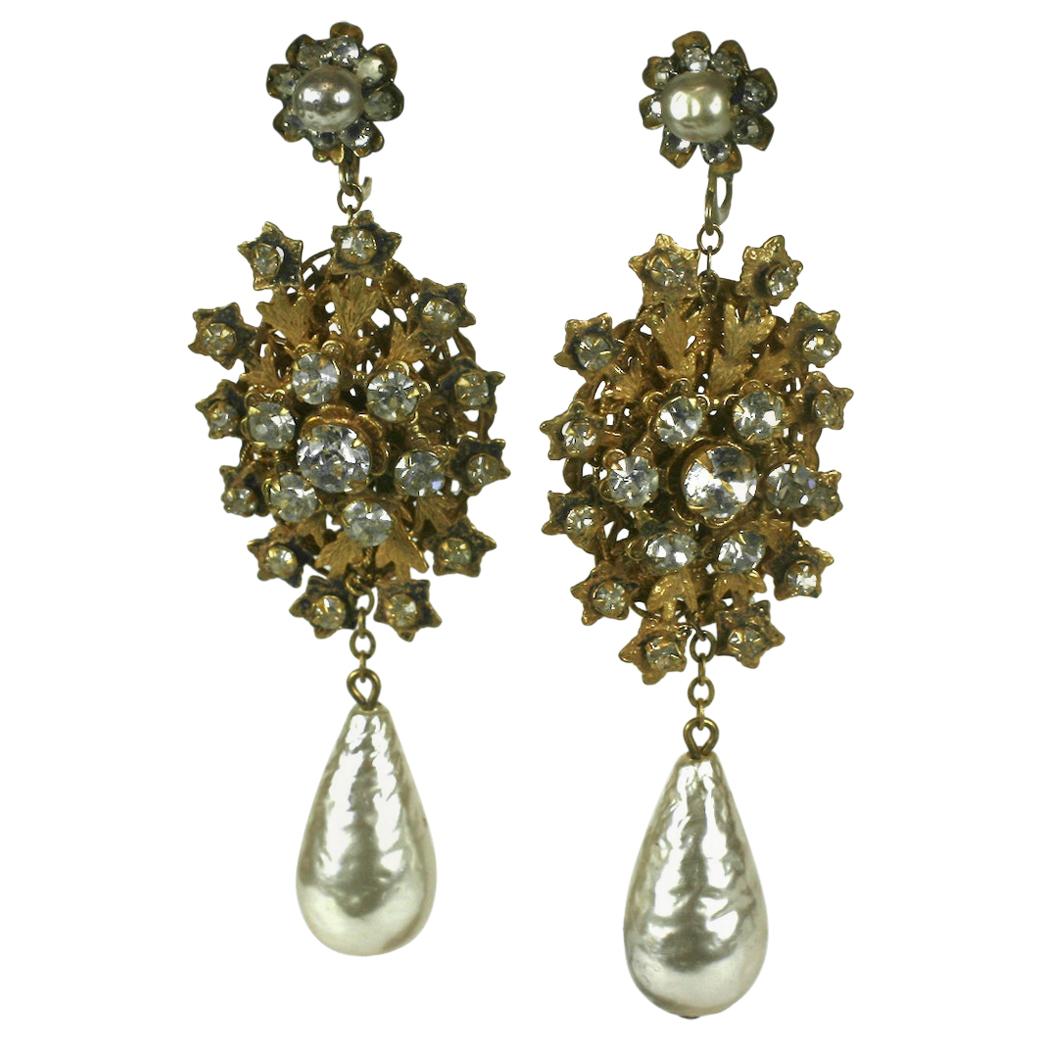 Striking Miriam Haskell Pearl and Gilt Long Earrings For Sale