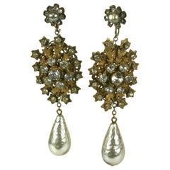 Retro Striking Miriam Haskell Pearl and Gilt Long Earrings