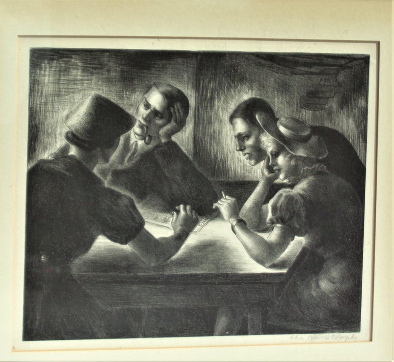 Alice Harold Murphy ( American, Springfield, Massachusetts 1896-1966)  Moody 1940's period imagery of women and men sitting around table in the style of John Sloan. Untitled lithograph. Pencil signed lower right, Alice Harold Murphy. Mounted in a
