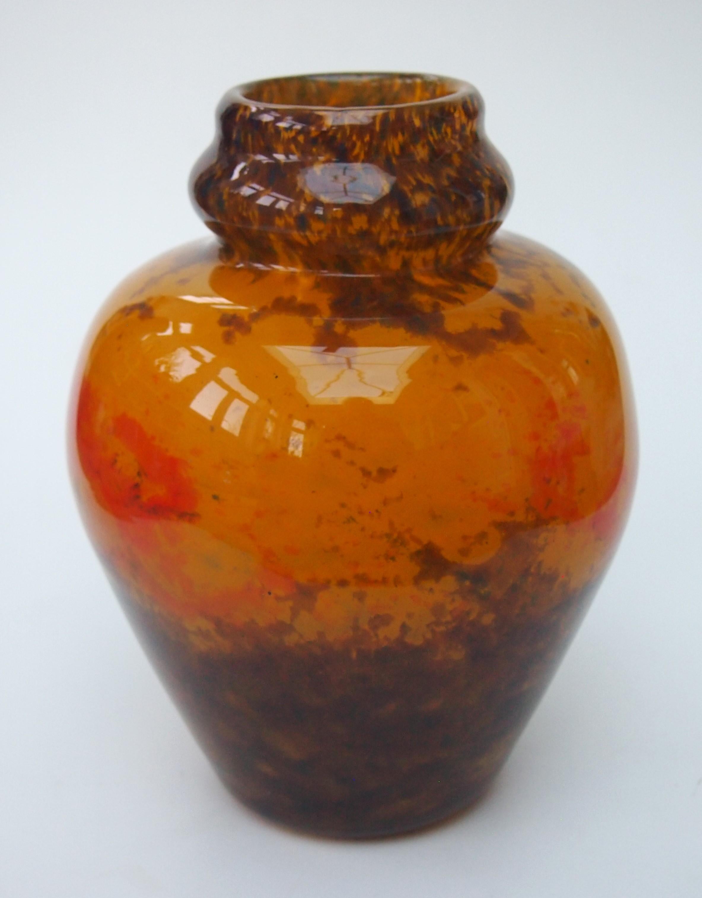 Art Deco Striking Muller Freres Polychrome 'Jades' glass ball vase c 1920 -signed For Sale