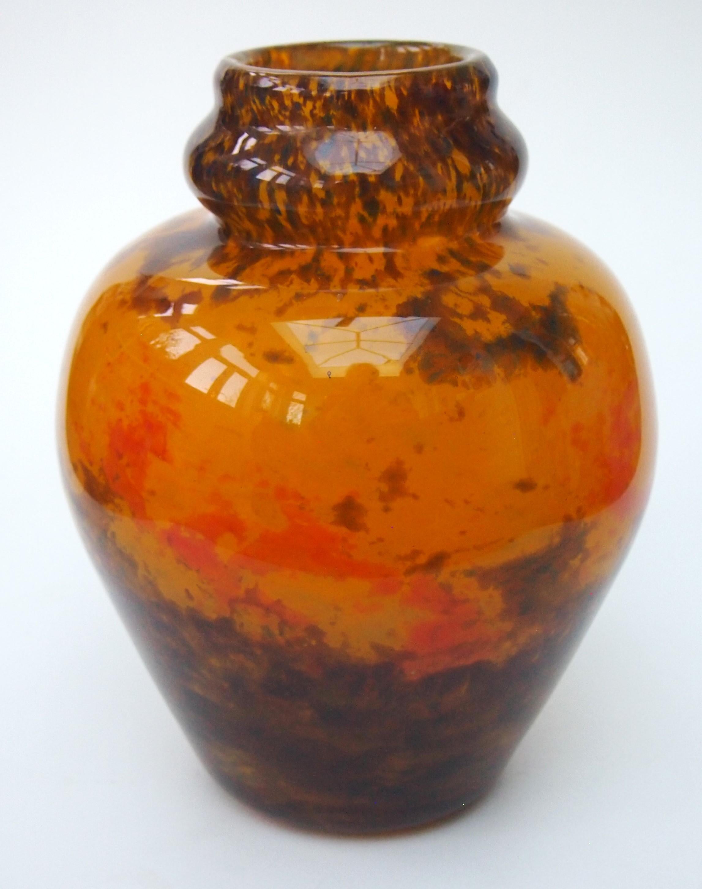 French Striking Muller Freres Polychrome 'Jades' glass ball vase c 1920 -signed For Sale