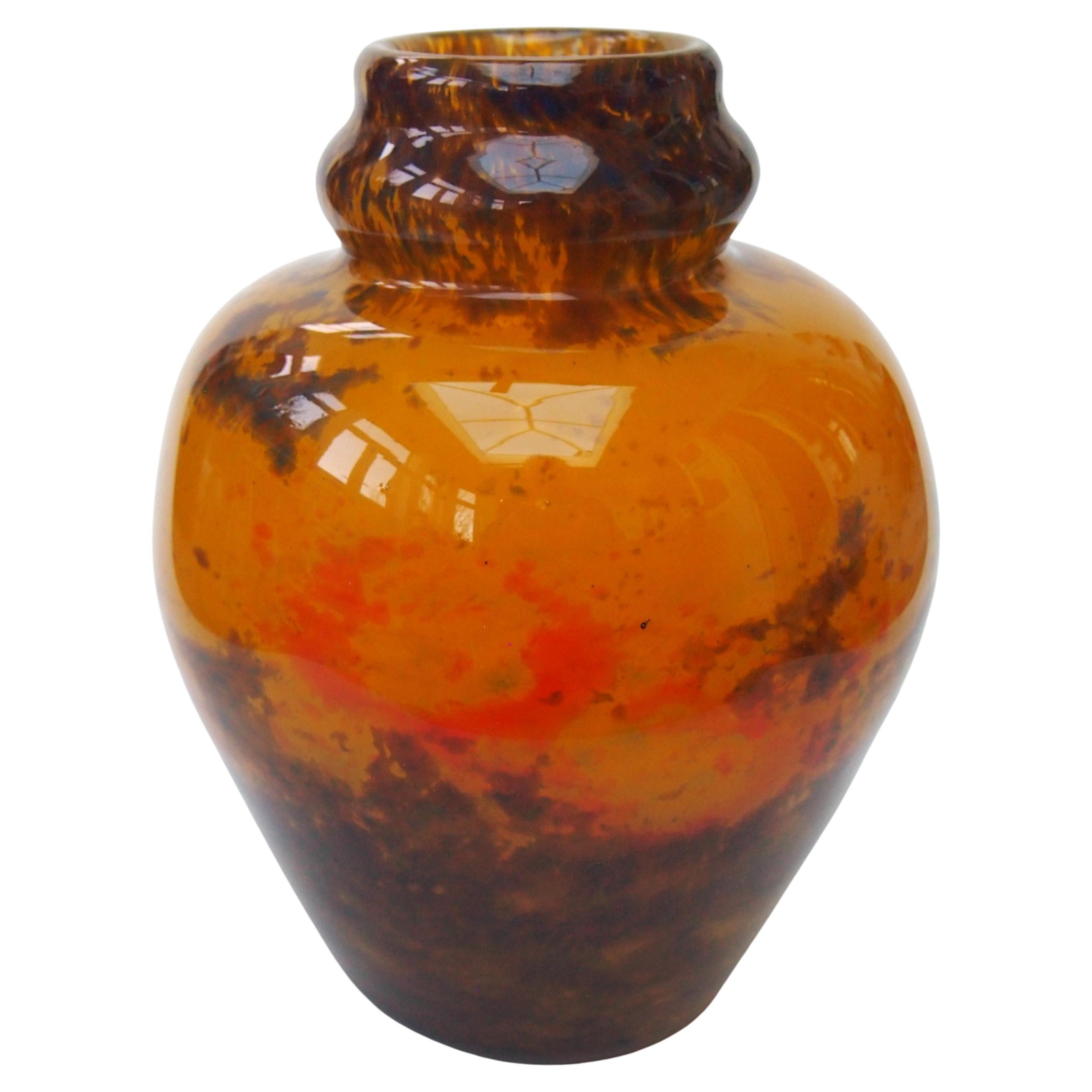 Striking Muller Freres Polychrome 'Jades' glass ball vase c 1920 -signed