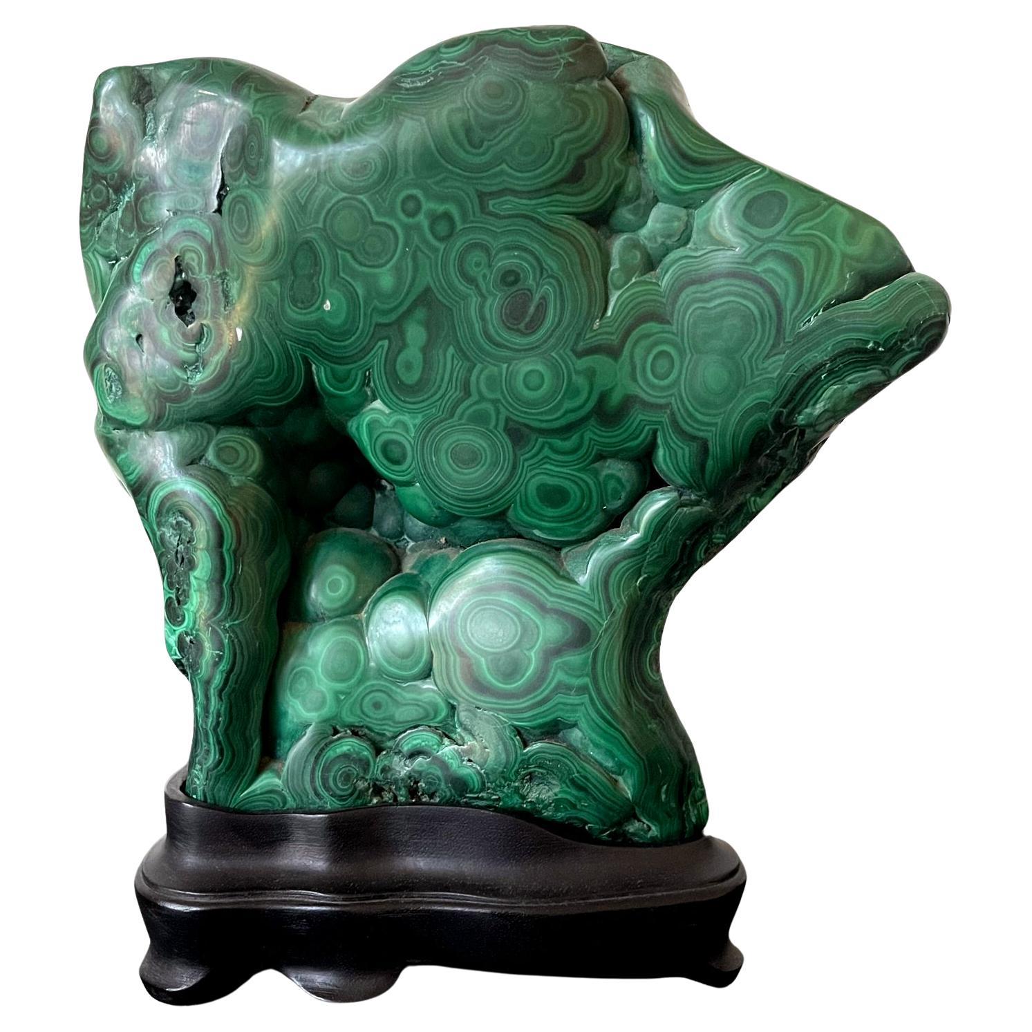 Striking Natural Malachite Specimen on Display Stand as Scholar Stone