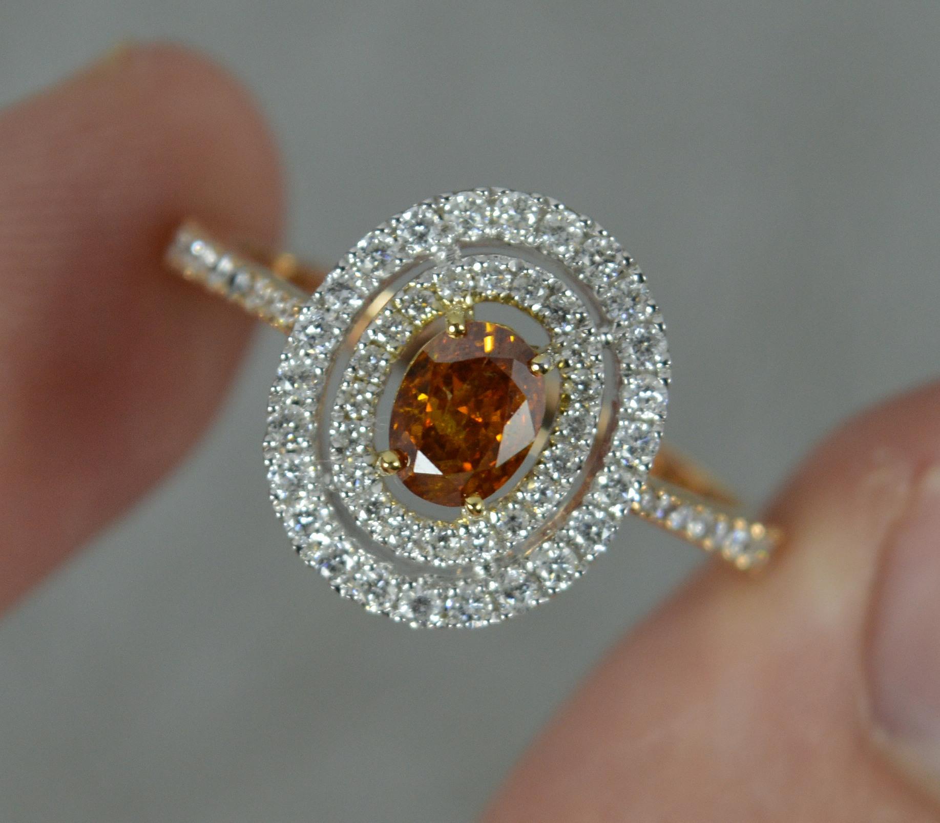 Striking Natural Orange Diamond Double Halo 18ct Rose Gold Cluster Ring In Excellent Condition For Sale In St Helens, GB