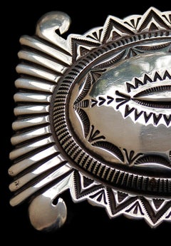 Striking Navajo Stamped Heavy Sterling Silver Belt Buckle by Wilson Jim, 1988