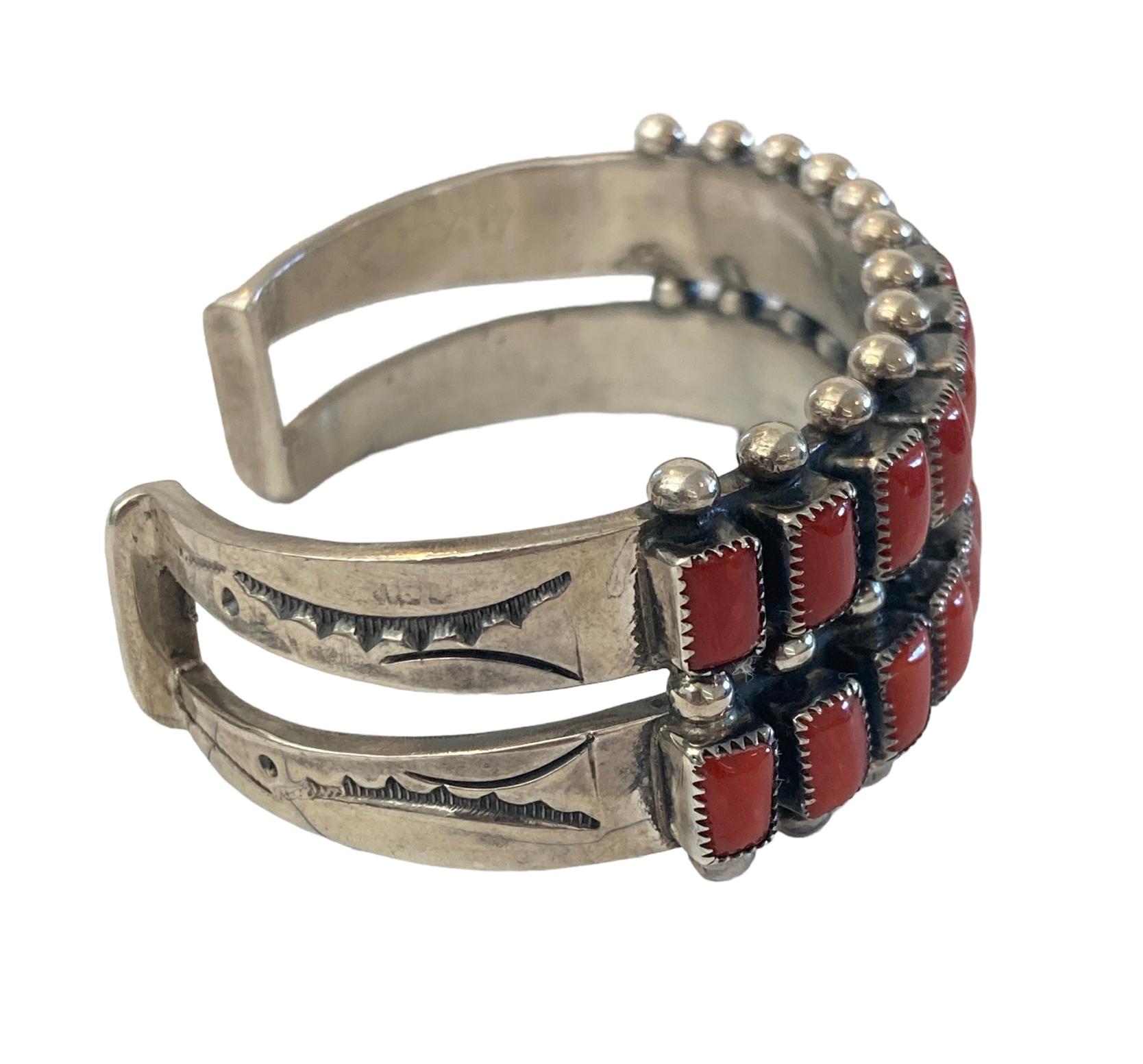 Old Mine Cut Navajo Sterling Silver Red Coral Channel Cuff Bracelet