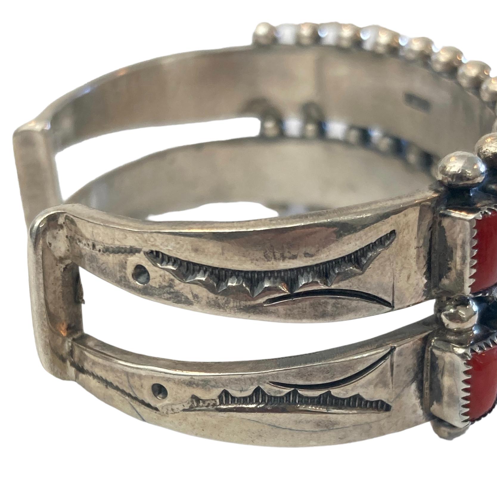 Navajo Sterling Silver Red Coral Channel Cuff Bracelet In Good Condition In San Diego, CA