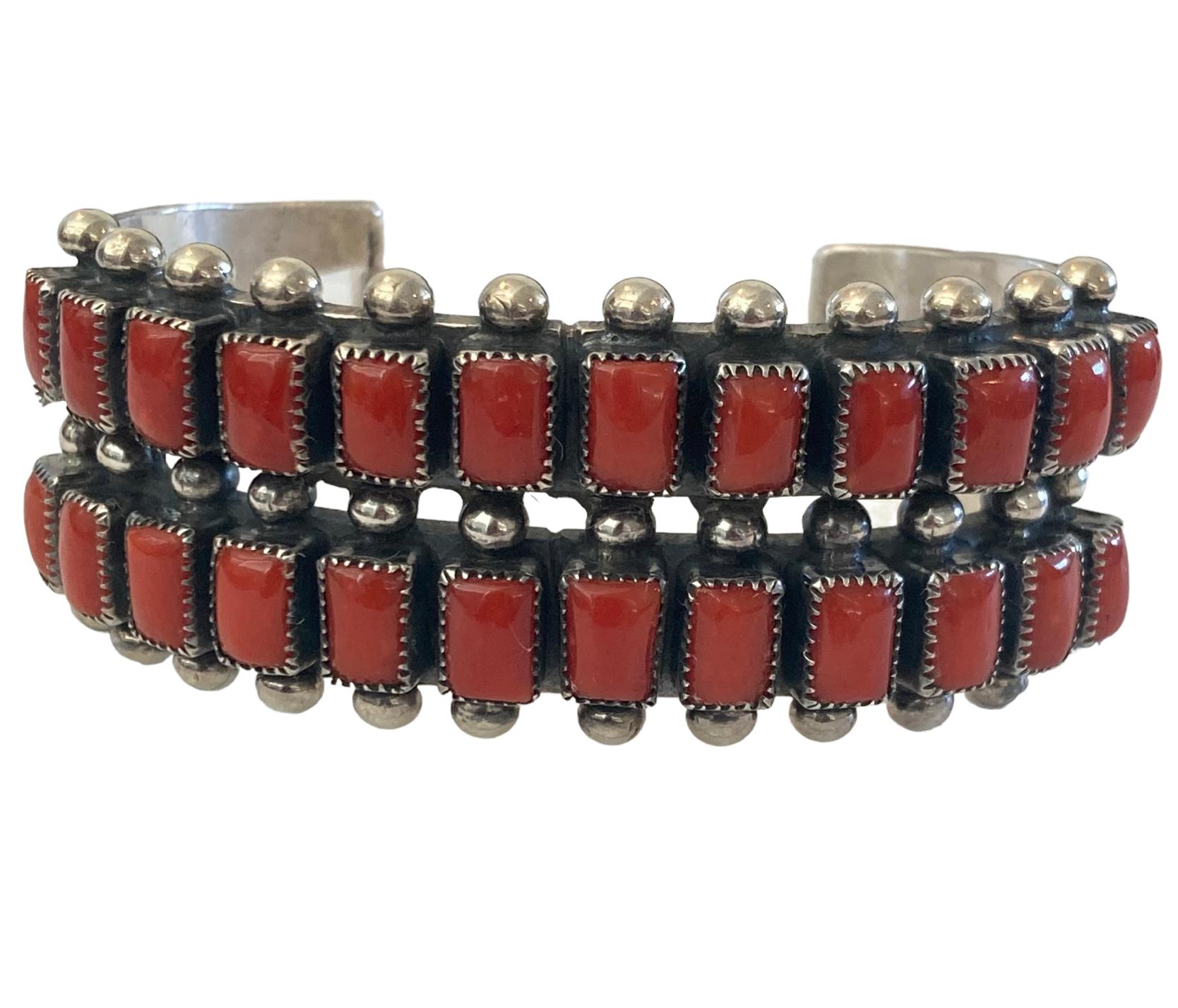 Women's or Men's Navajo Sterling Silver Red Coral Channel Cuff Bracelet