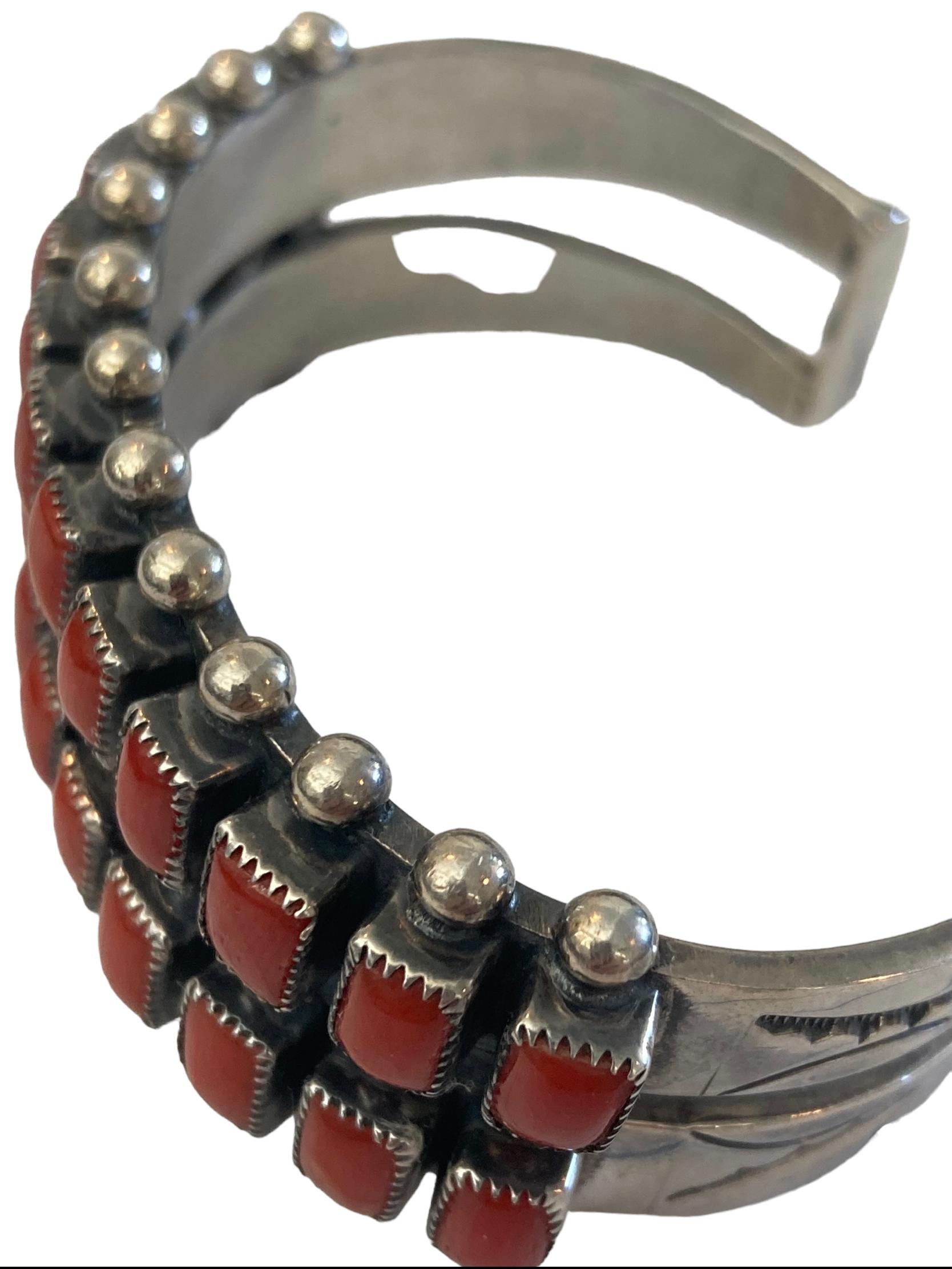 Navajo Sterling Silver Red Coral Channel Cuff Bracelet 2