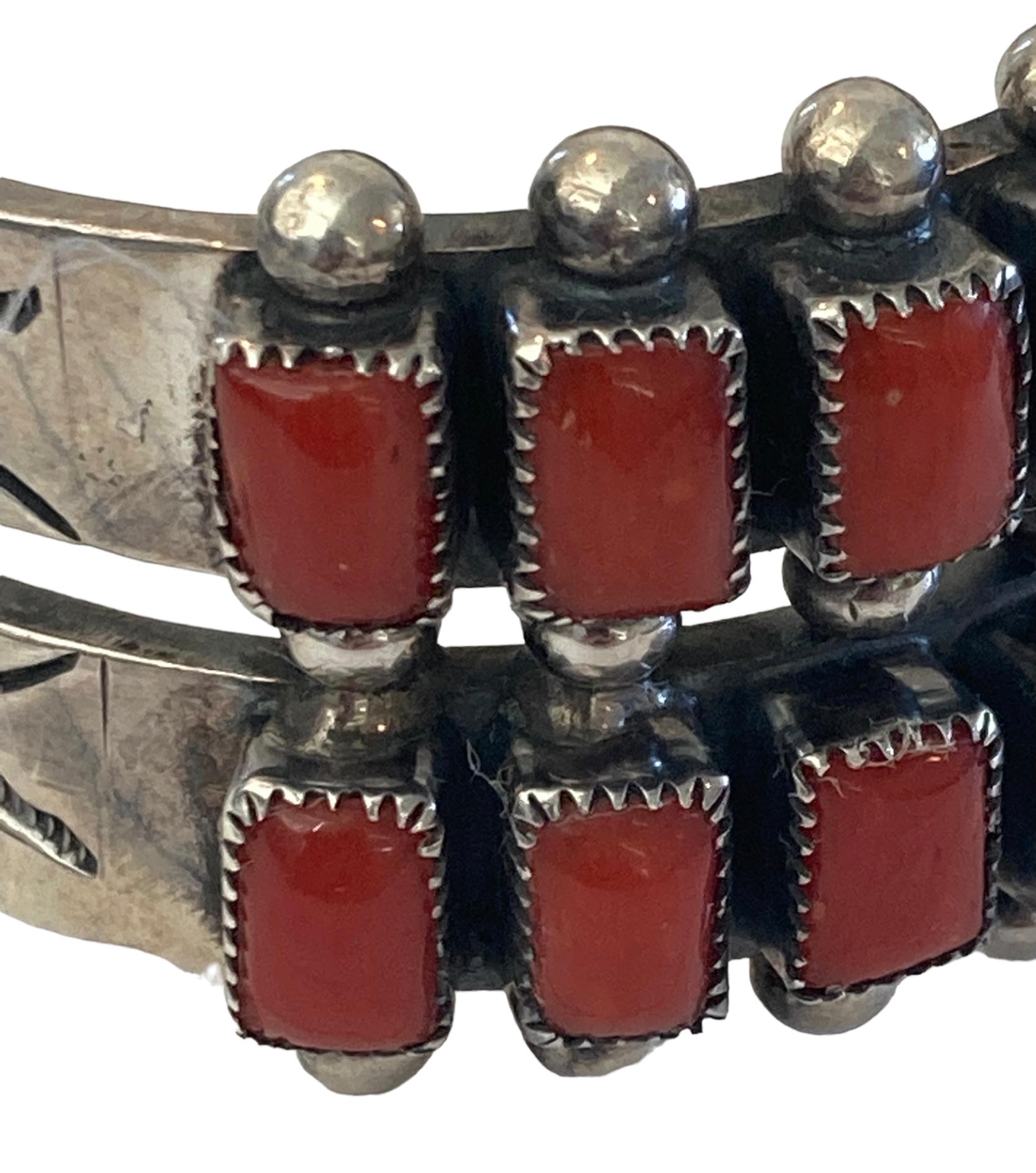 Navajo Sterling Silver Red Coral Channel Cuff Bracelet 3