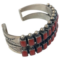 Navajo Sterling Silver Red Coral Channel Cuff Bracelet