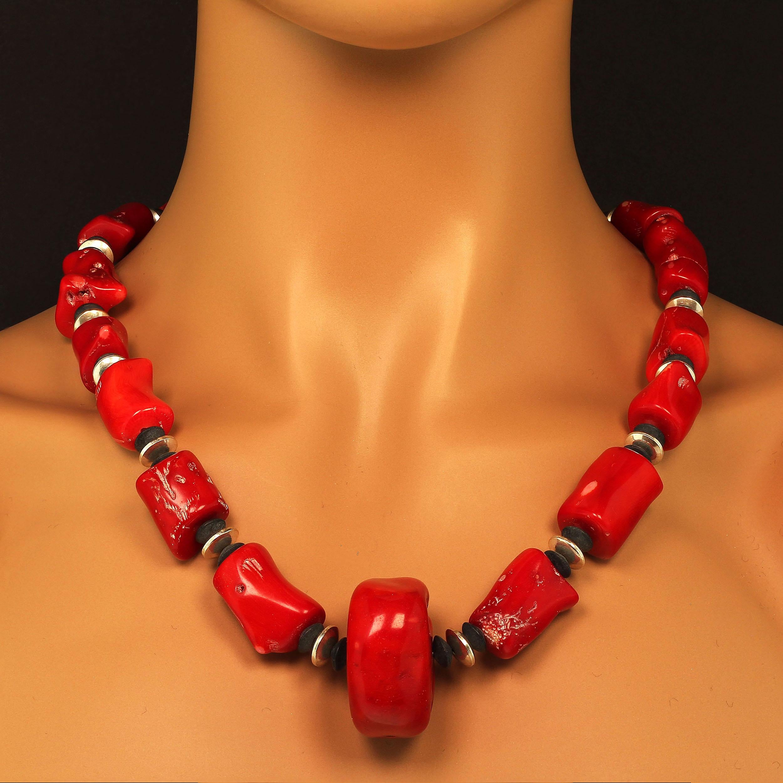 AJD Striking Necklace of Red Coral with Silver and Black Onyx Accents In New Condition In Raleigh, NC