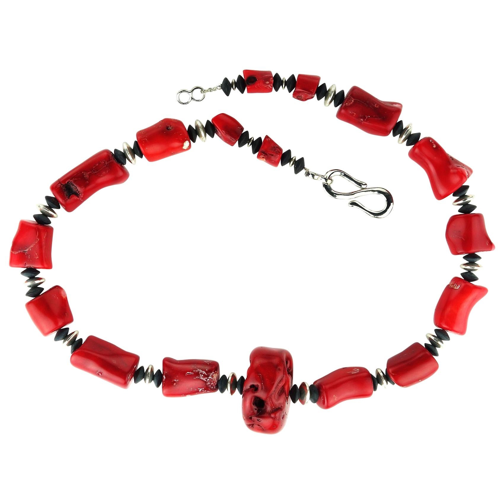 Feel Great in Red! Red Bamboo Coral Necklace with Accents of Black Onyx and Silver Tone Beads. One large Bamboo Coral Focal (37x33mm) graces the center of this Statement necklace. The Rich Red Bamboo Coral is striking and so well balanced with the