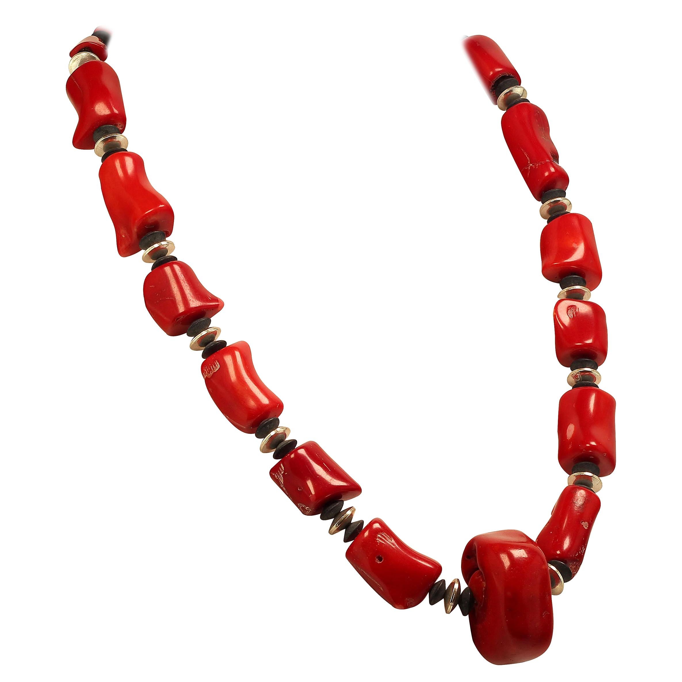 AJD Striking Necklace of Red Coral with Silver and Black Onyx Accents