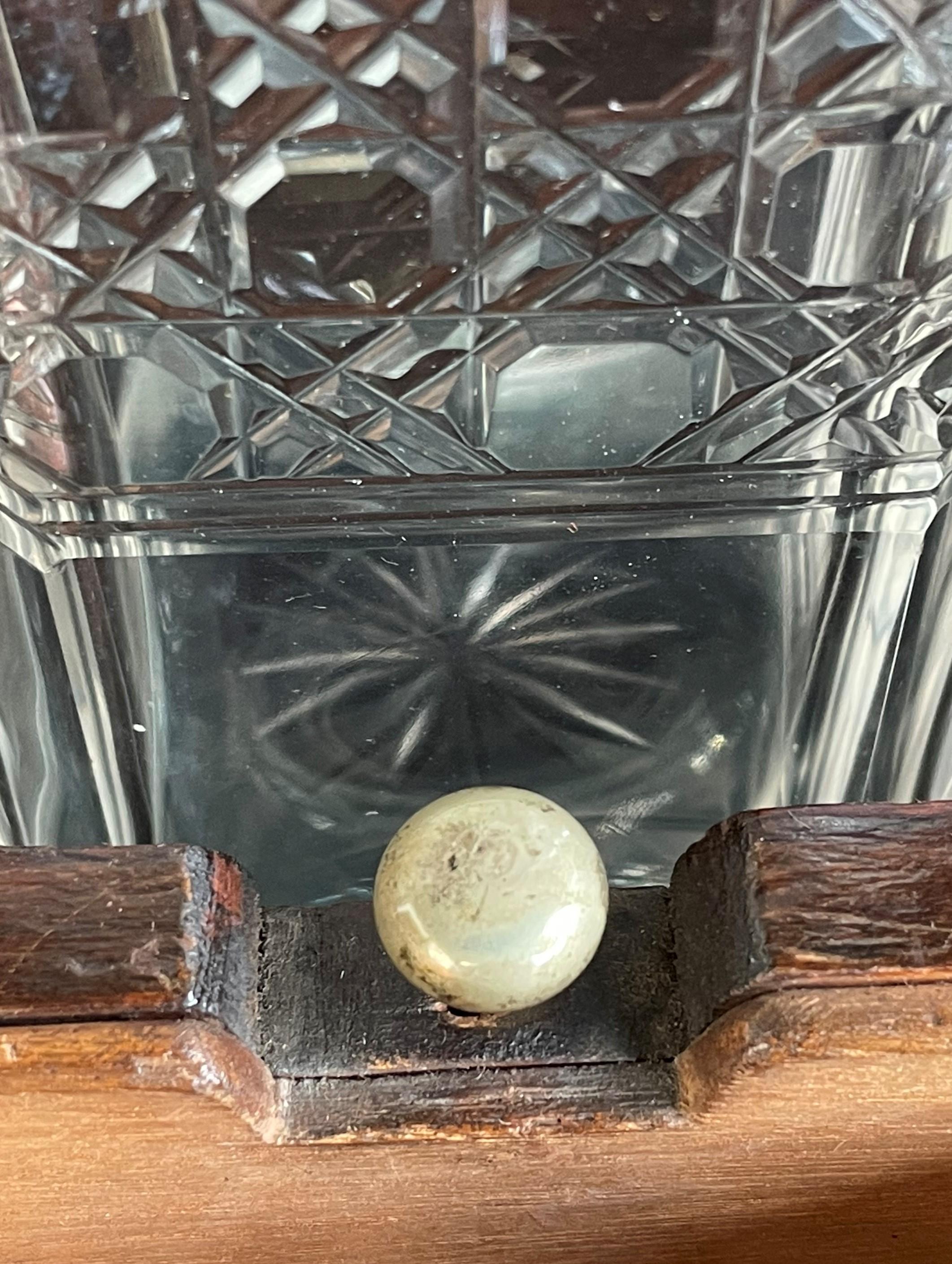 19th Century Striking Oak & Brass Tantalus with Whiskey or Liqueur Crystal Decanters & Drawer For Sale