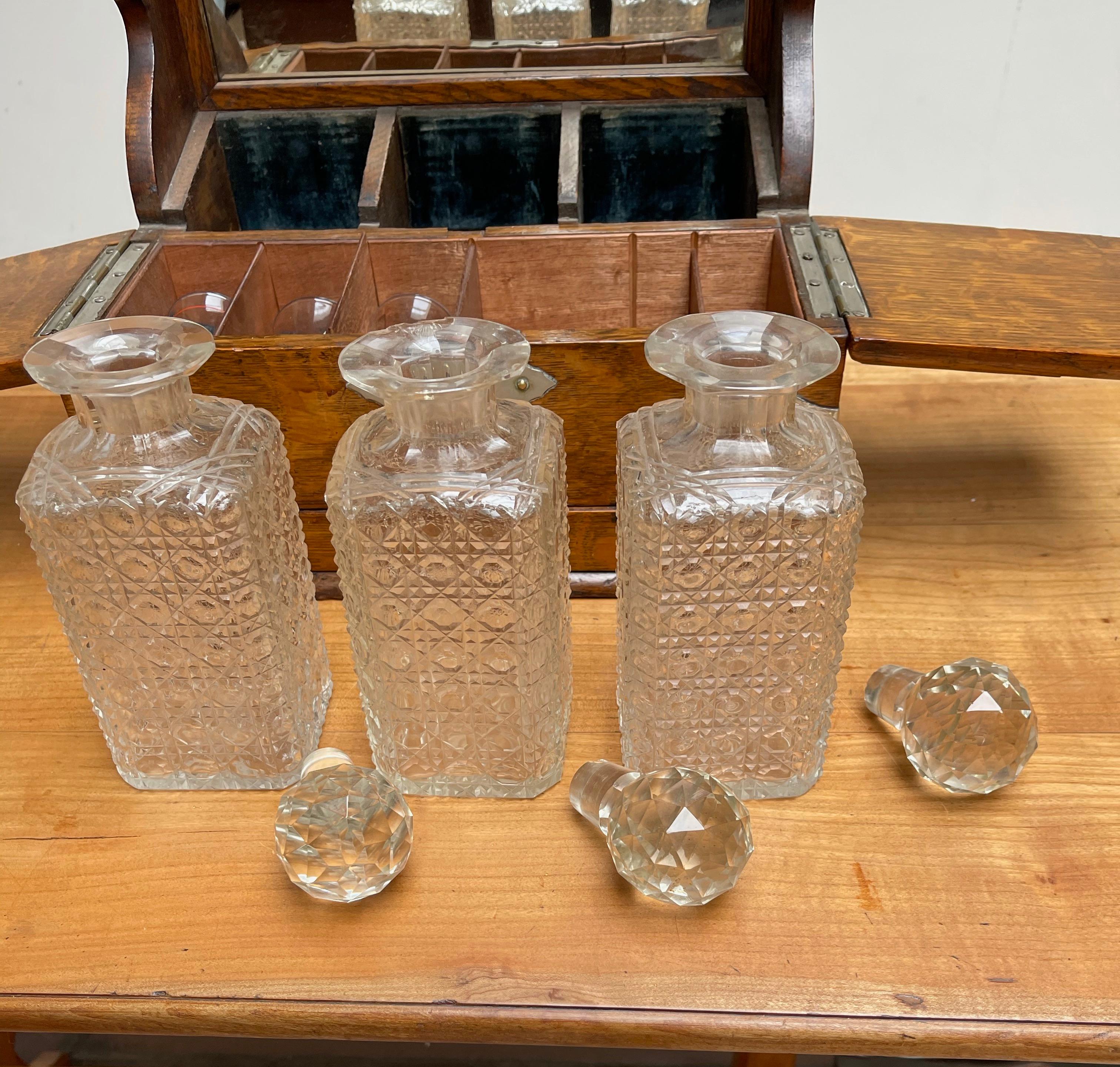 Striking Oak & Brass Tantalus with Whiskey or Liqueur Crystal Decanters & Drawer 3