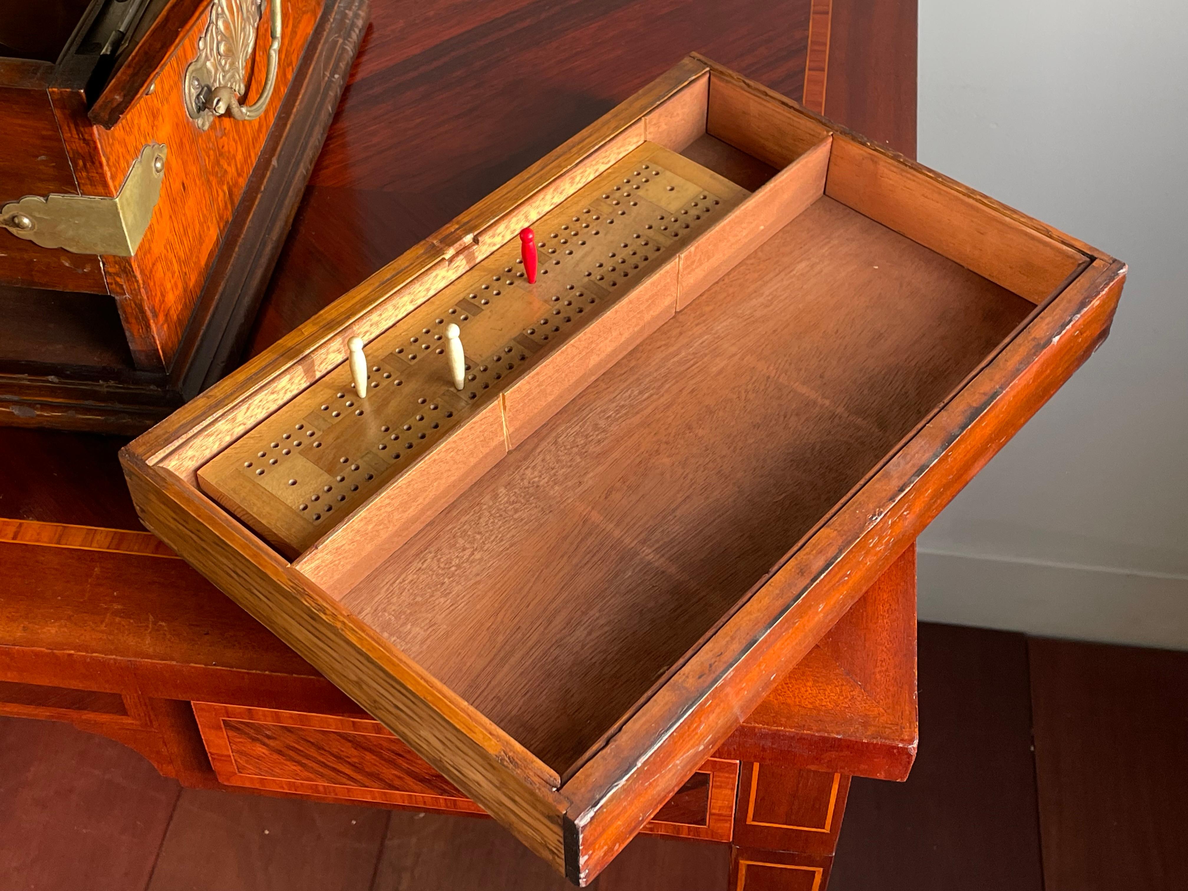 Striking Oak & Brass Tantalus with Whiskey or Liqueur Crystal Decanters & Drawer For Sale 1