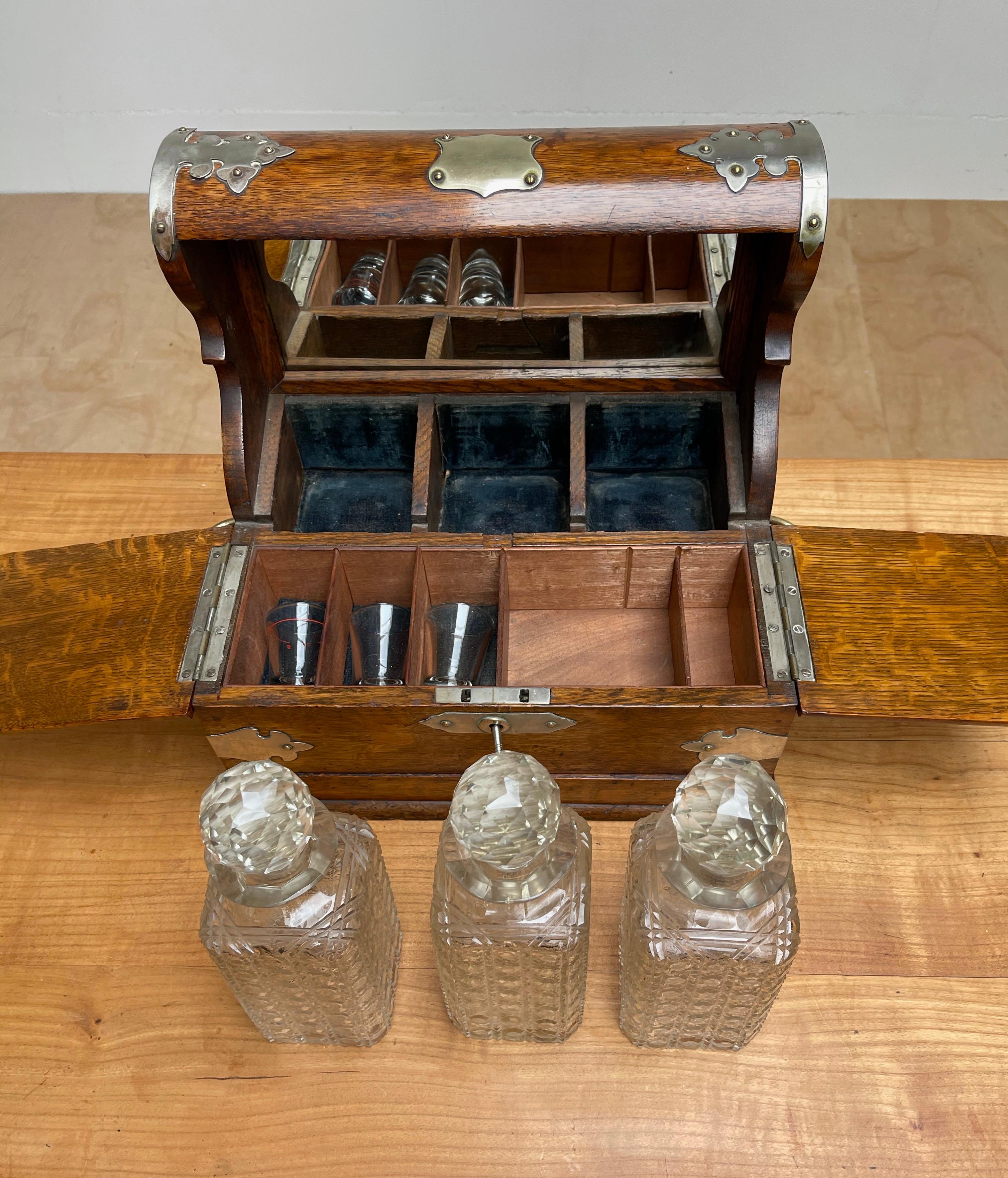 Striking Oak & Brass Tantalus with Whiskey or Liqueur Crystal Decanters & Drawer 4