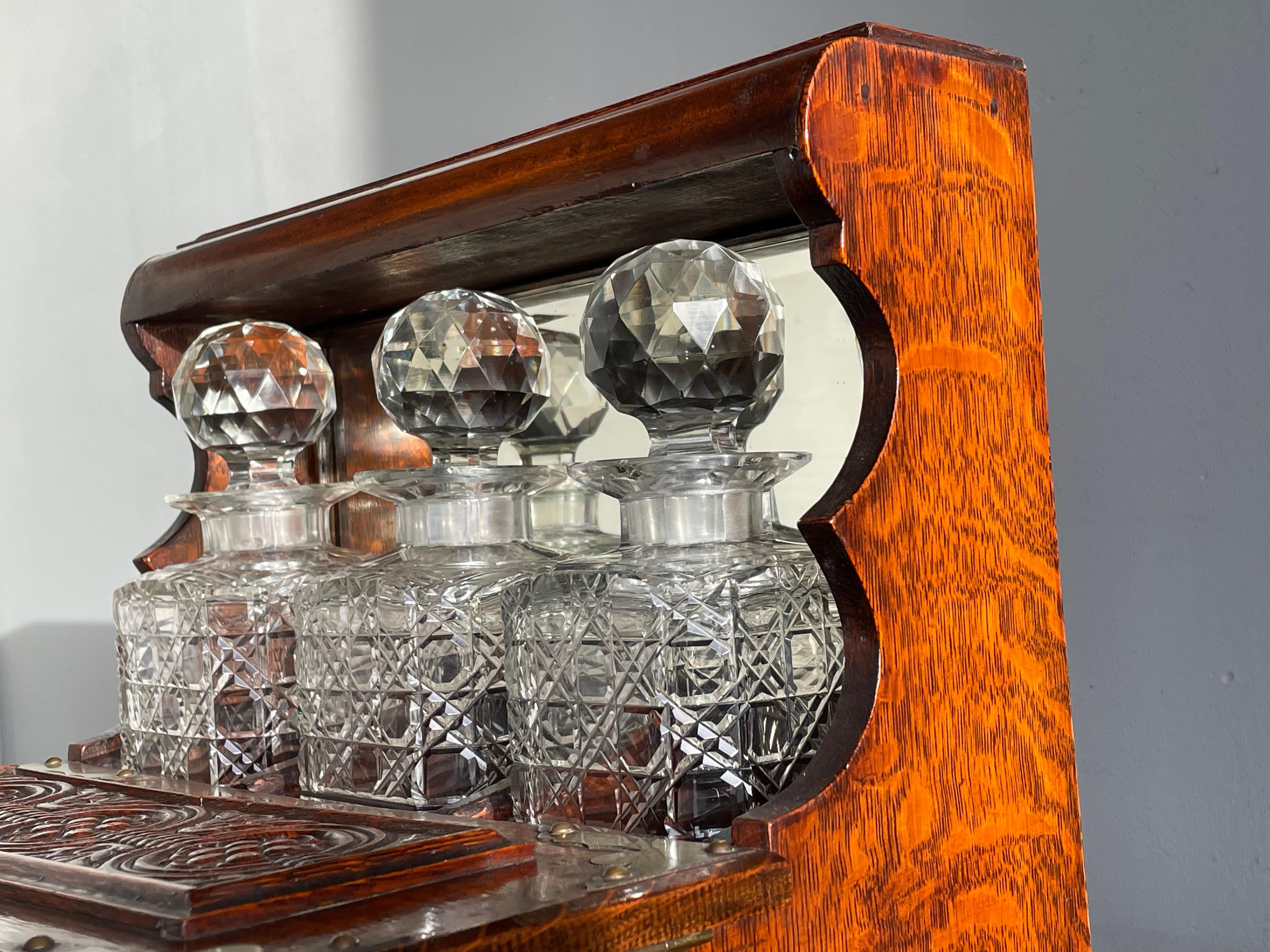 Striking Oak & Brass Tantalus with Whiskey or Liqueur Crystal Decanters & Drawer For Sale 2