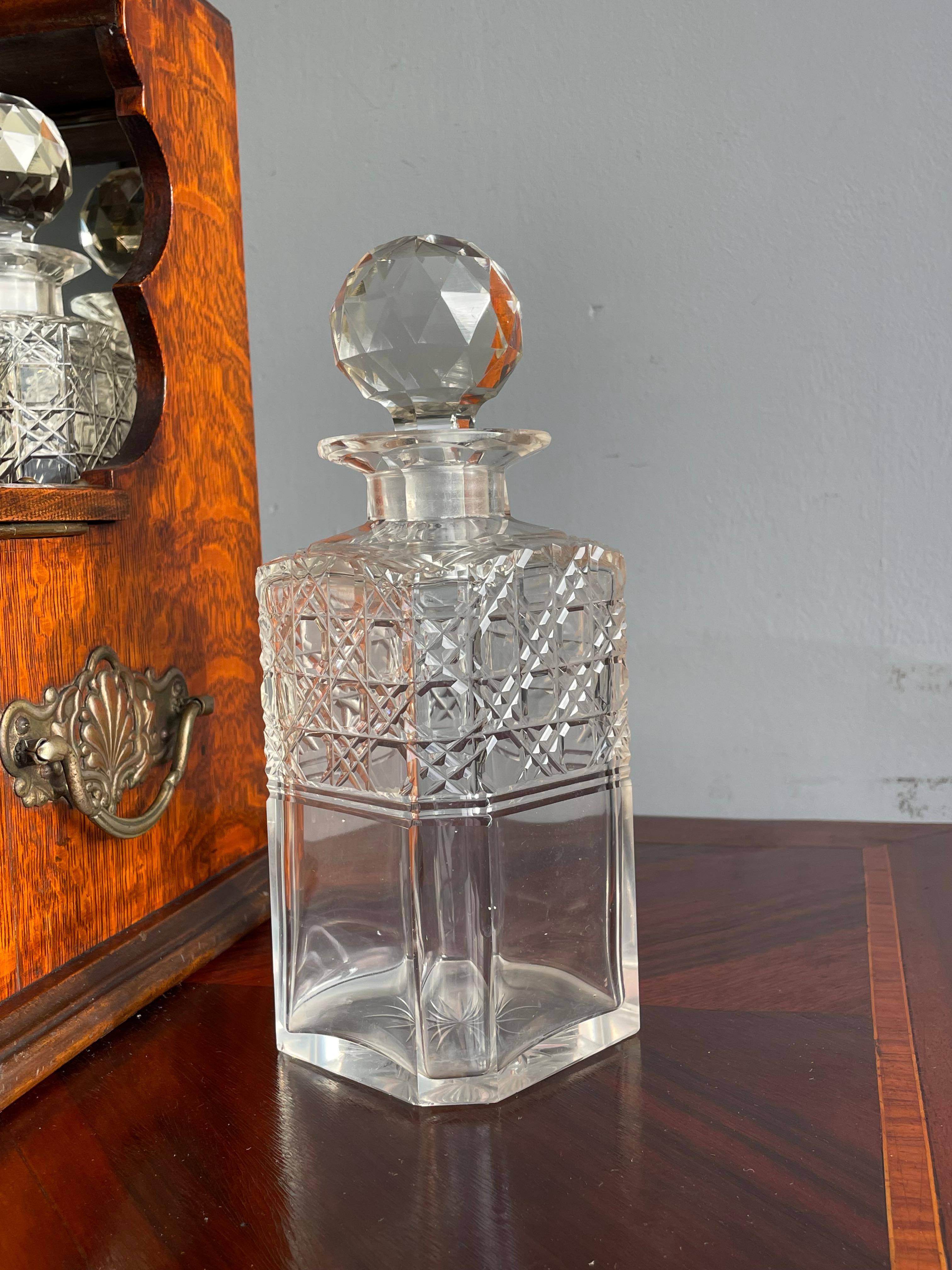Striking Oak & Brass Tantalus with Whiskey or Liqueur Crystal Decanters & Drawer For Sale 4