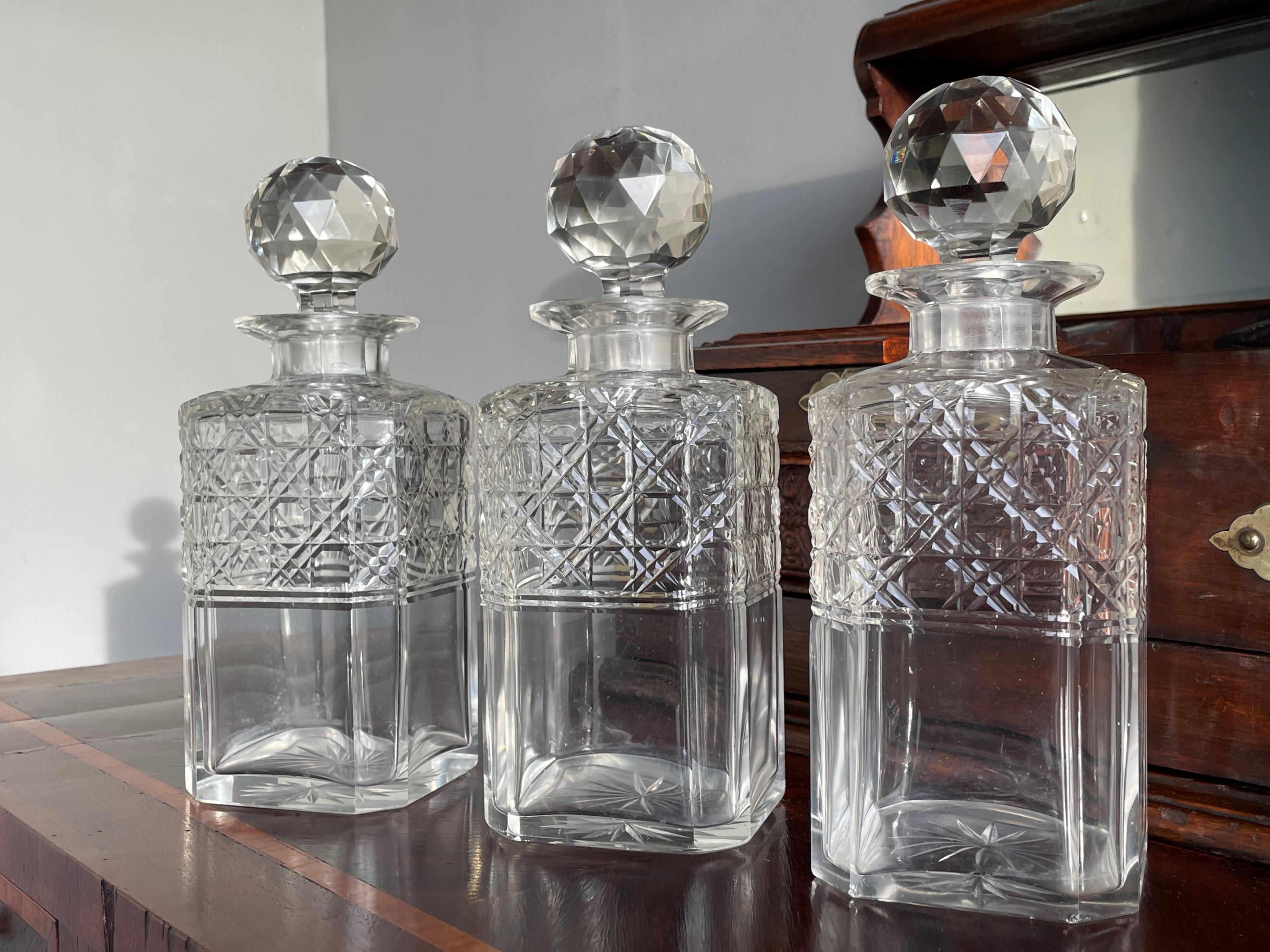 Striking Oak & Brass Tantalus with Whiskey or Liqueur Crystal Decanters & Drawer For Sale 5