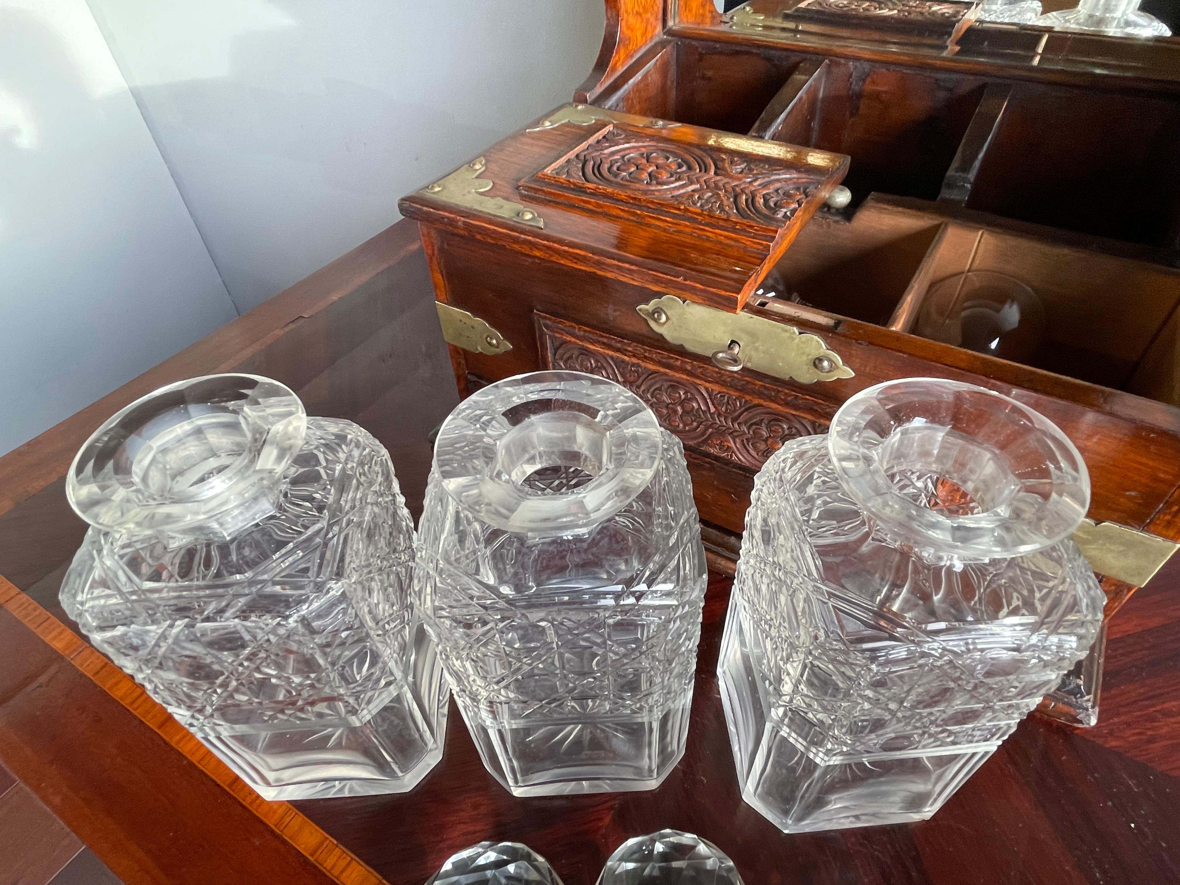Striking Oak & Brass Tantalus with Whiskey or Liqueur Crystal Decanters & Drawer For Sale 6