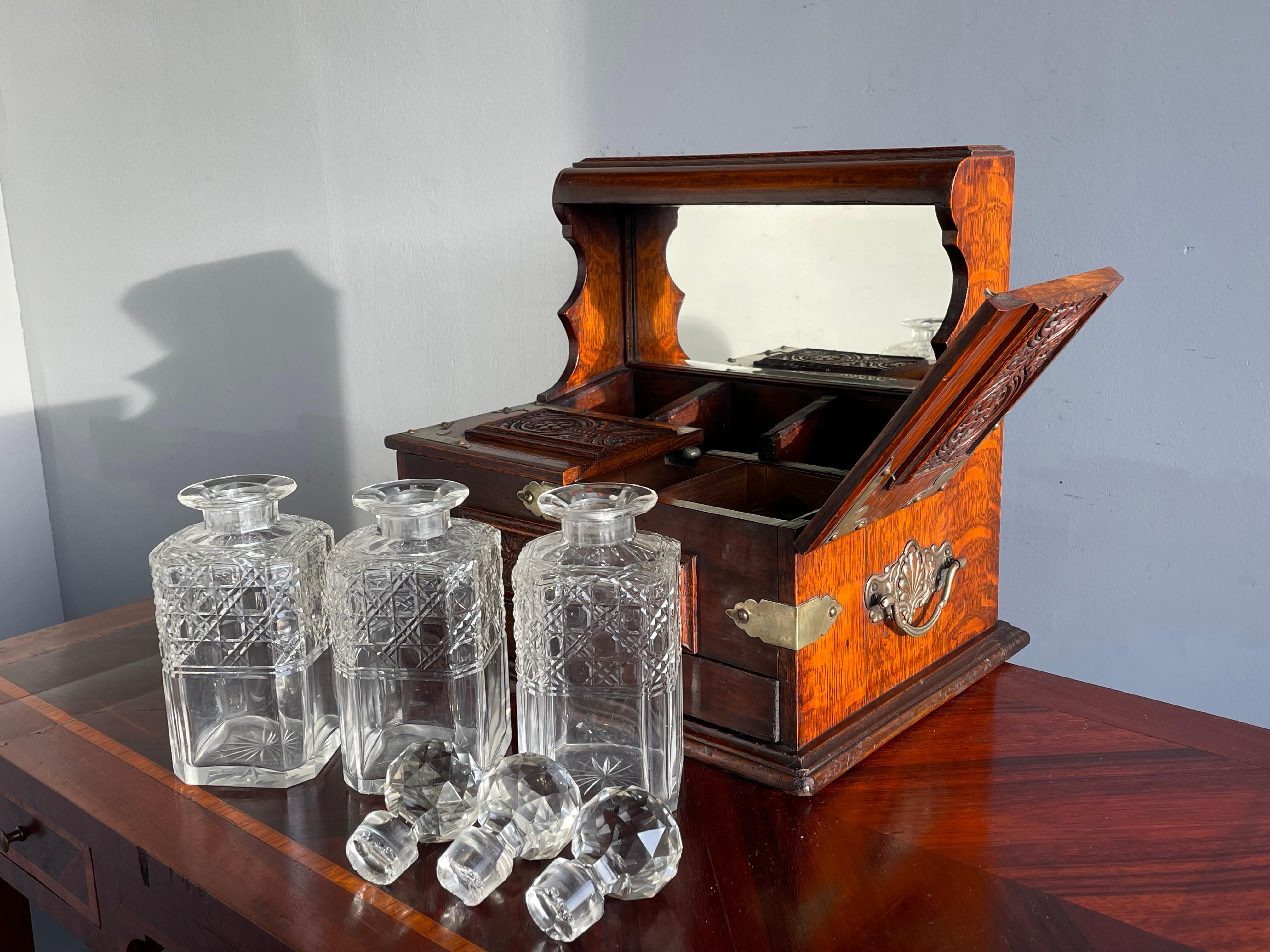 Striking Oak & Brass Tantalus with Whiskey or Liqueur Crystal Decanters & Drawer For Sale 7