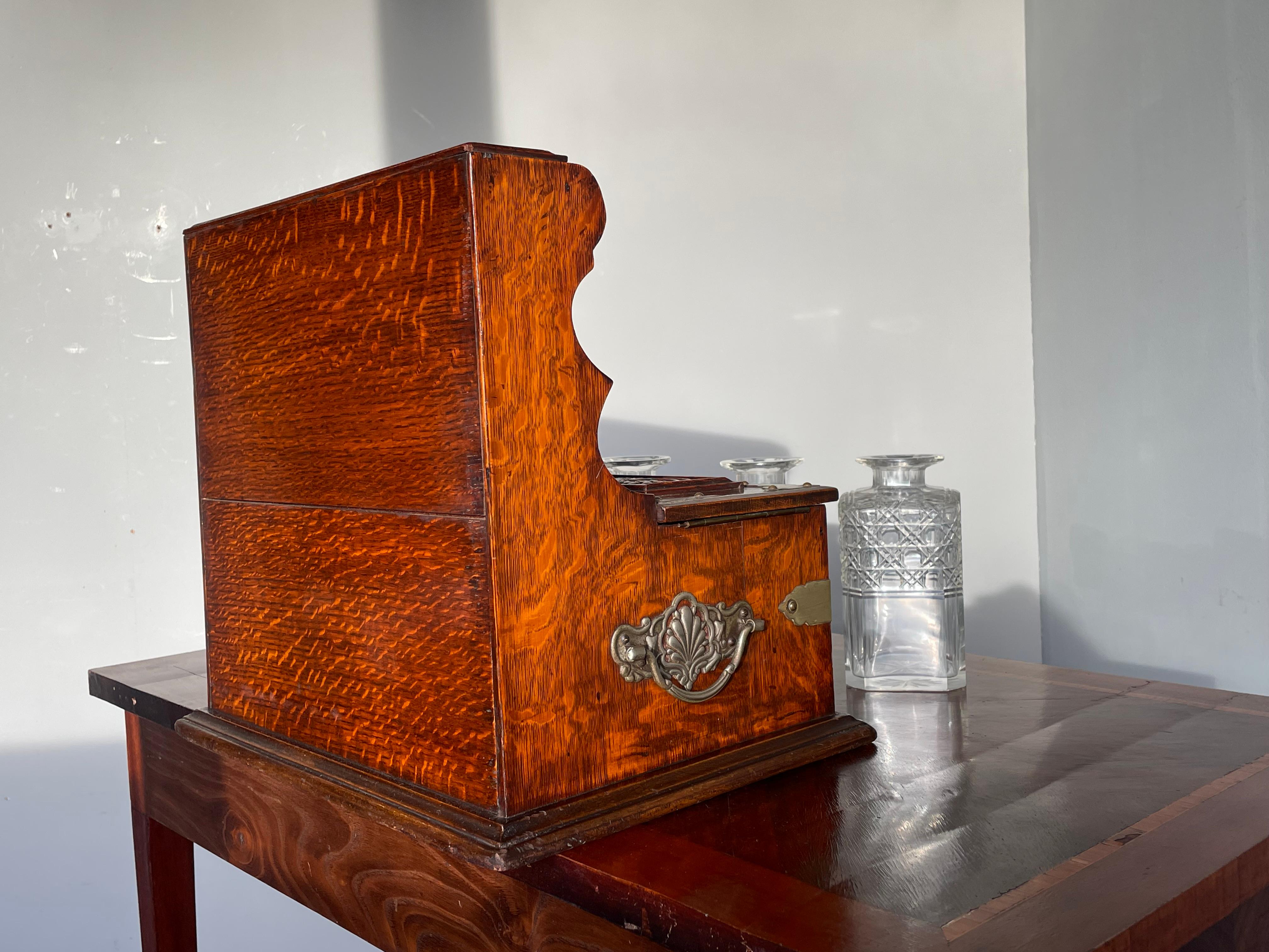 Striking Oak & Brass Tantalus with Whiskey or Liqueur Crystal Decanters & Drawer For Sale 8