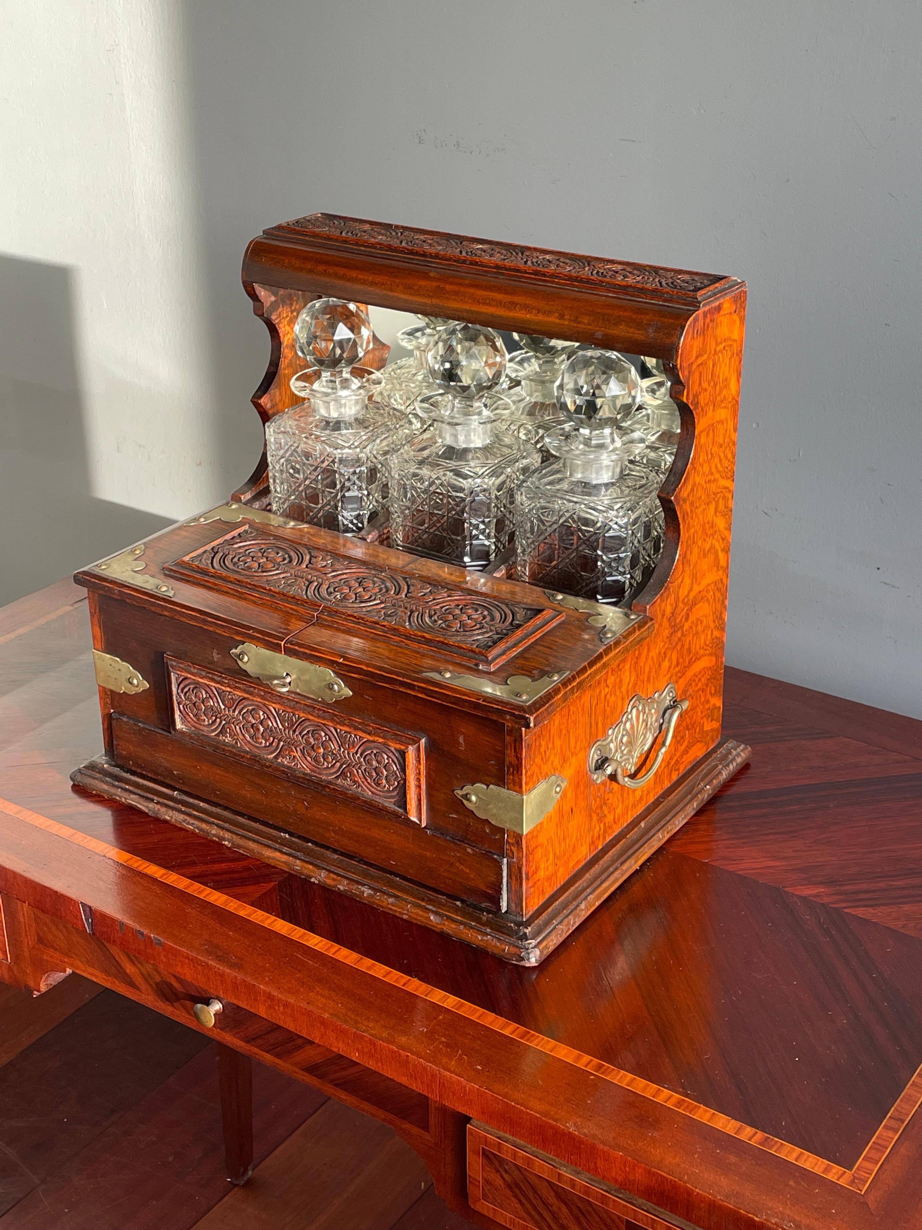 Striking Oak & Brass Tantalus with Whiskey or Liqueur Crystal Decanters & Drawer For Sale 9