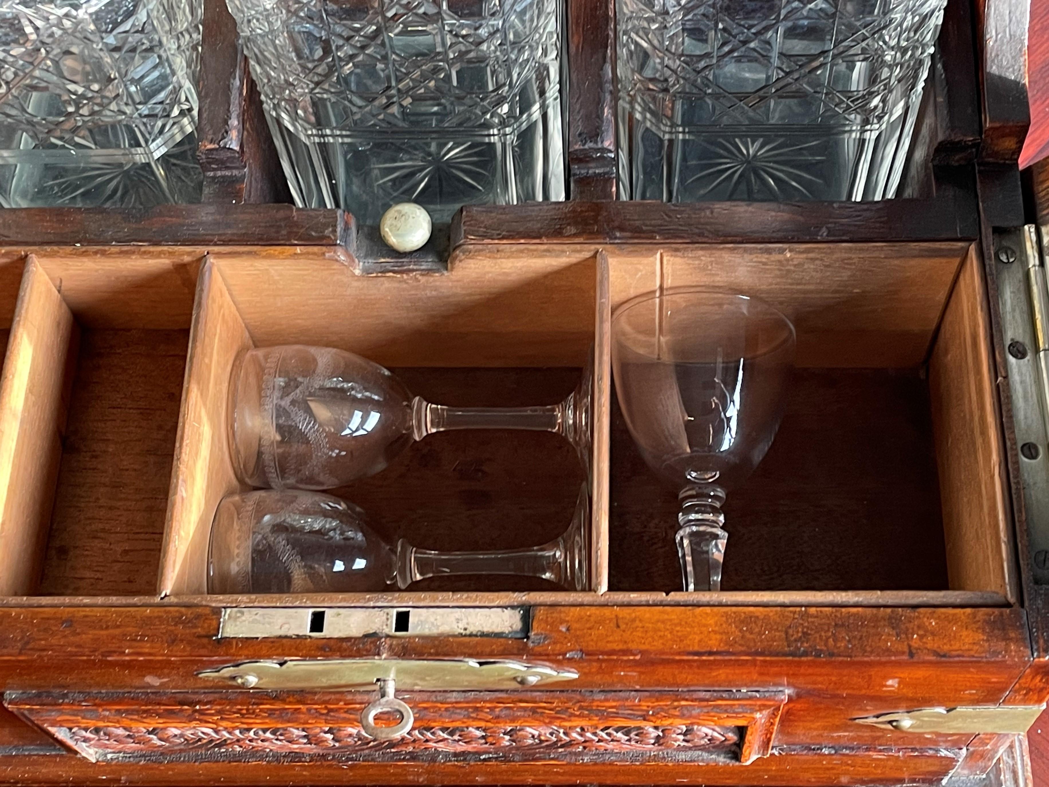 Late Victorian Striking Oak & Brass Tantalus with Whiskey or Liqueur Crystal Decanters & Drawer For Sale