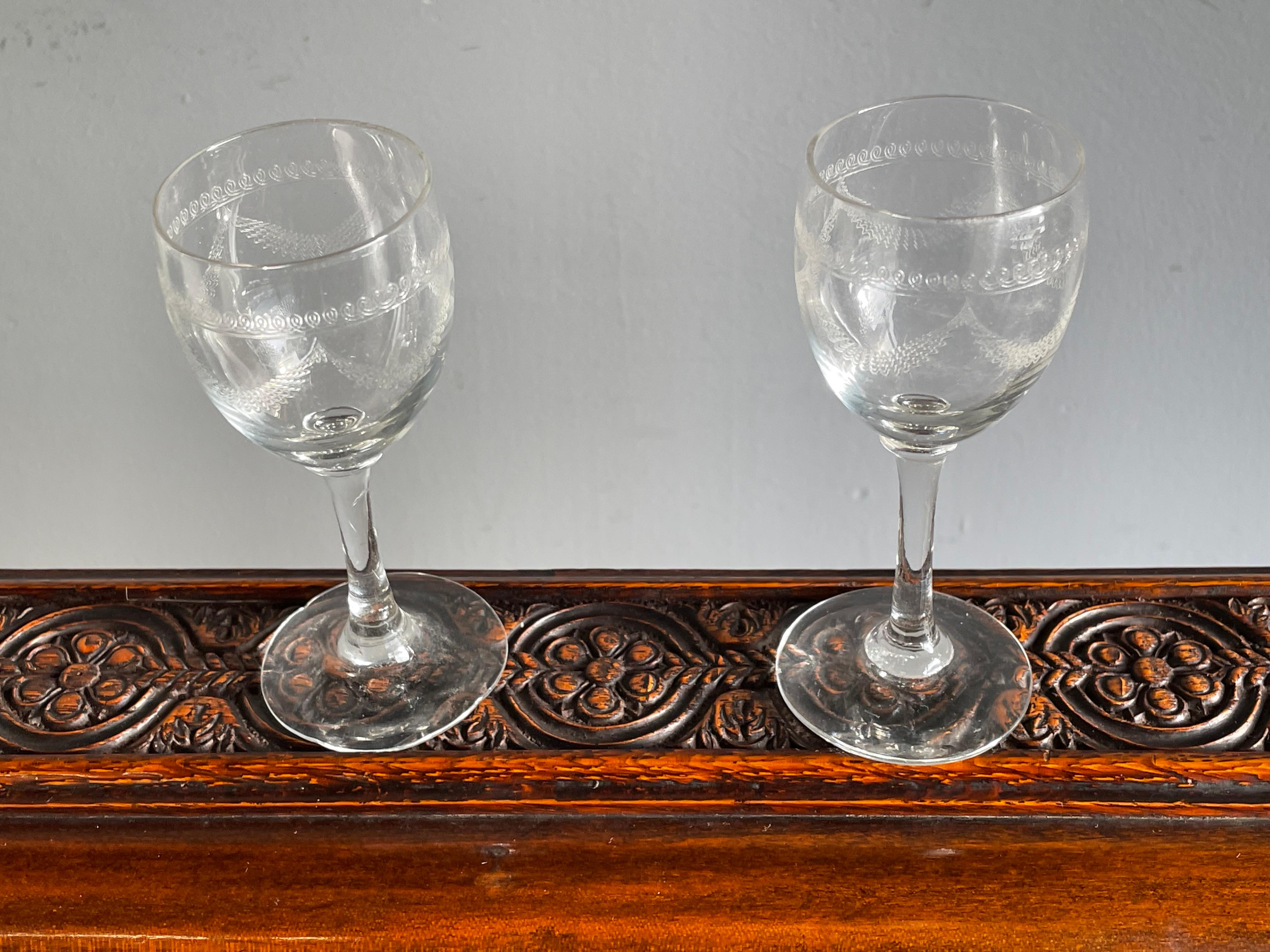 Beveled Striking Oak & Brass Tantalus with Whiskey or Liqueur Crystal Decanters & Drawer