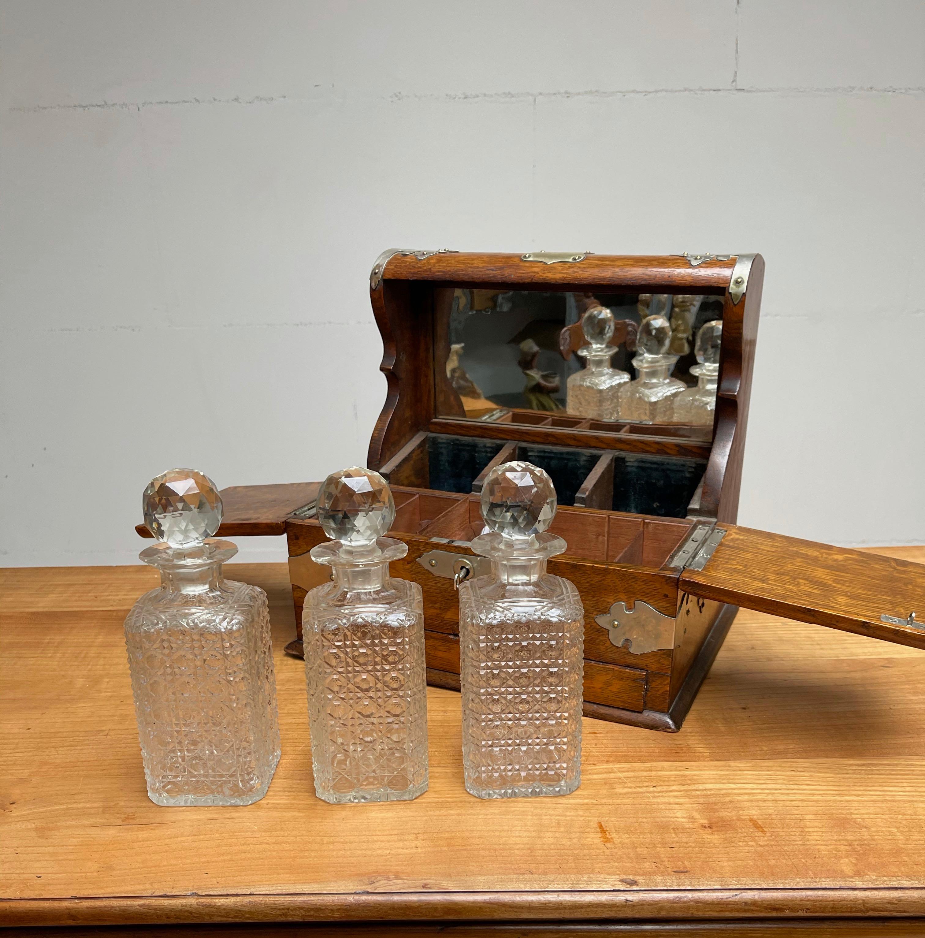 Striking Oak & Brass Tantalus with Whiskey or Liqueur Crystal Decanters & Drawer 1