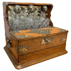 Striking Oak & Brass Tantalus with Whiskey or Liqueur Crystal Decanters & Drawer