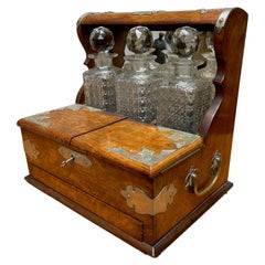 Antique Striking Oak & Brass Tantalus with Whiskey or Liqueur Crystal Decanters & Drawer